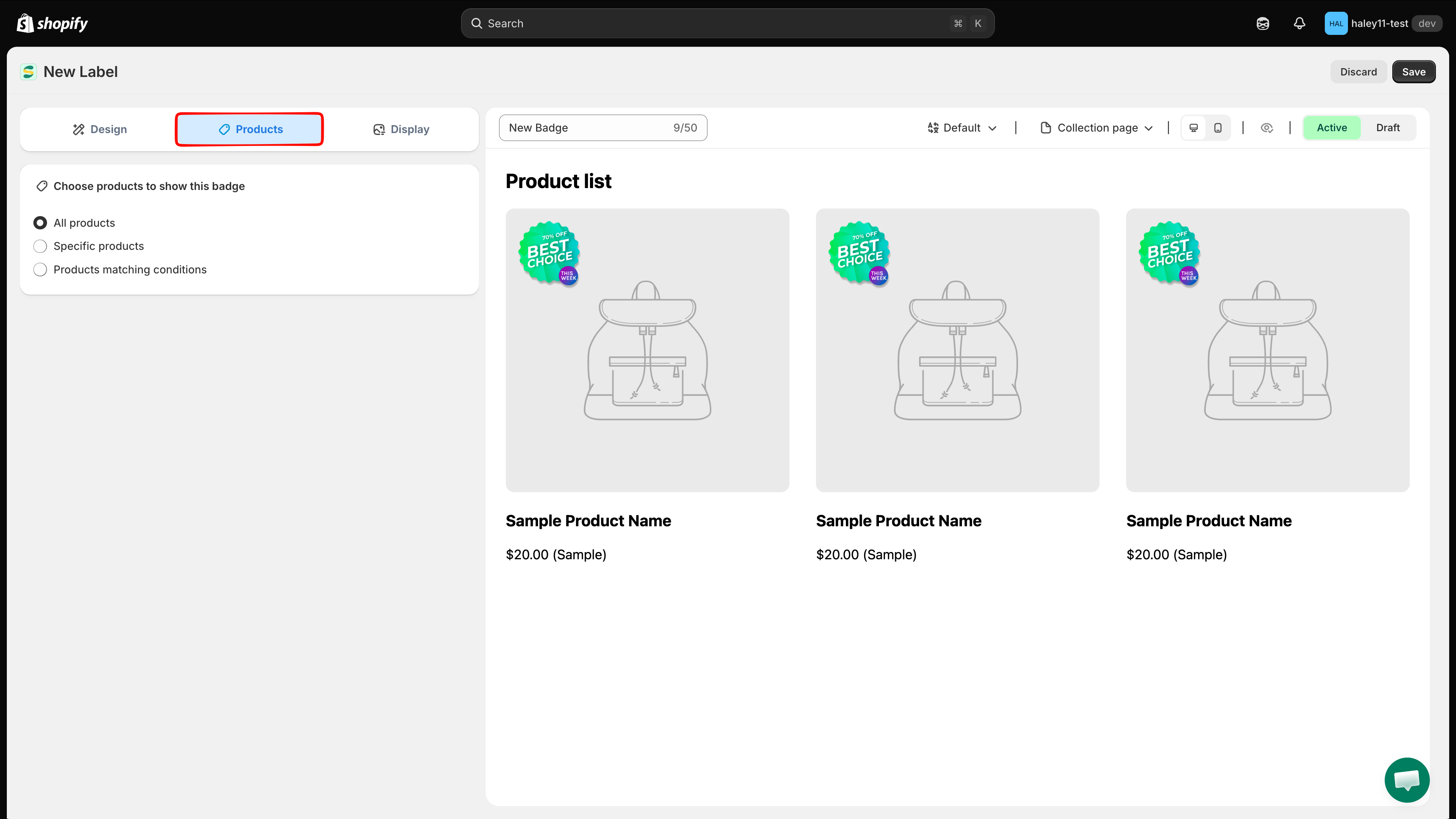 Products tab showing the three selection options