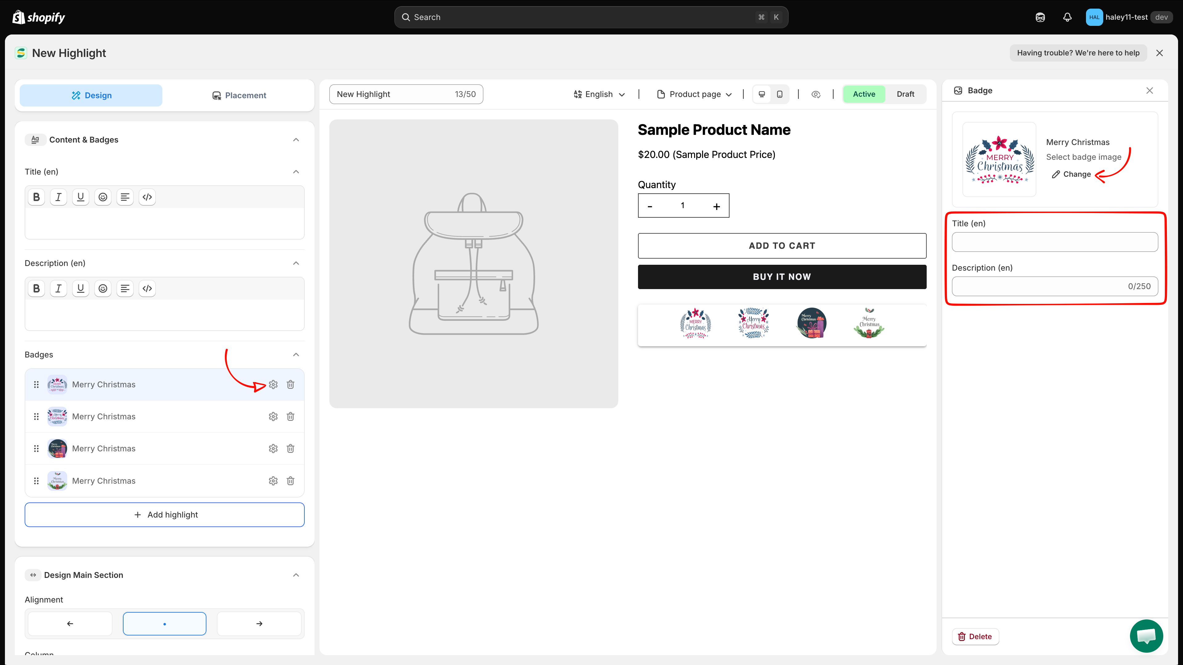 Highlight item panel with image, title, and description fields