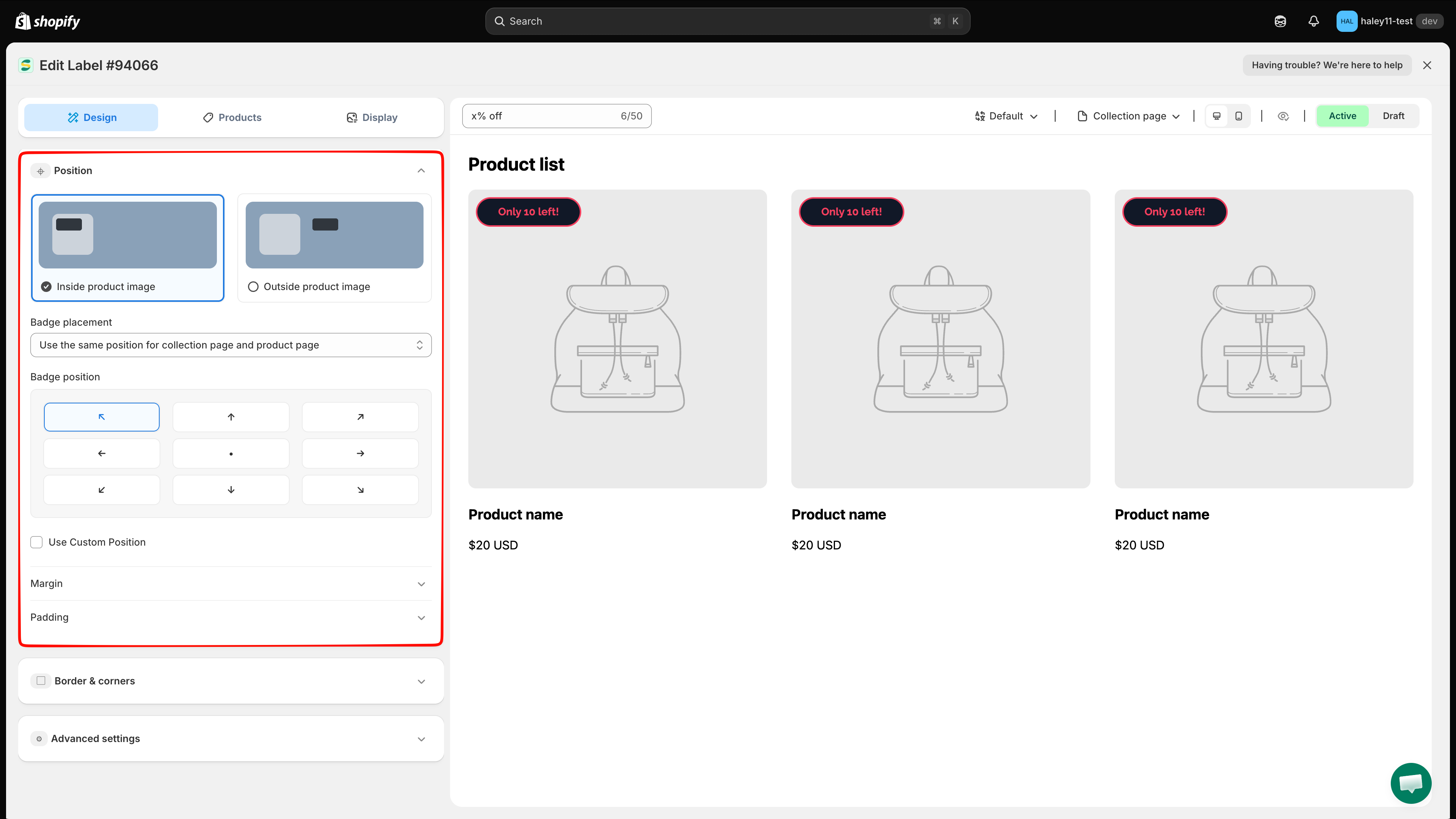 Position section in the Design tab of the badge editor
