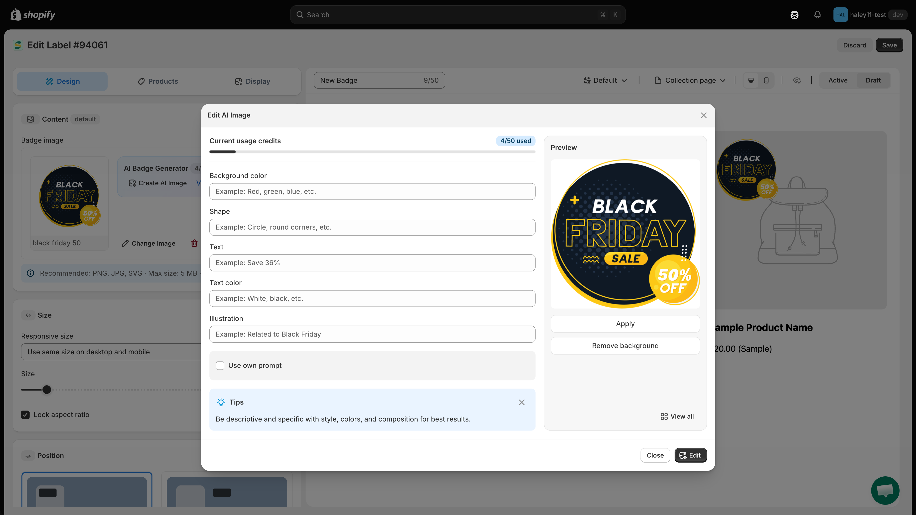 The edited image shown in the preview panel with the Apply and Remove background actions
