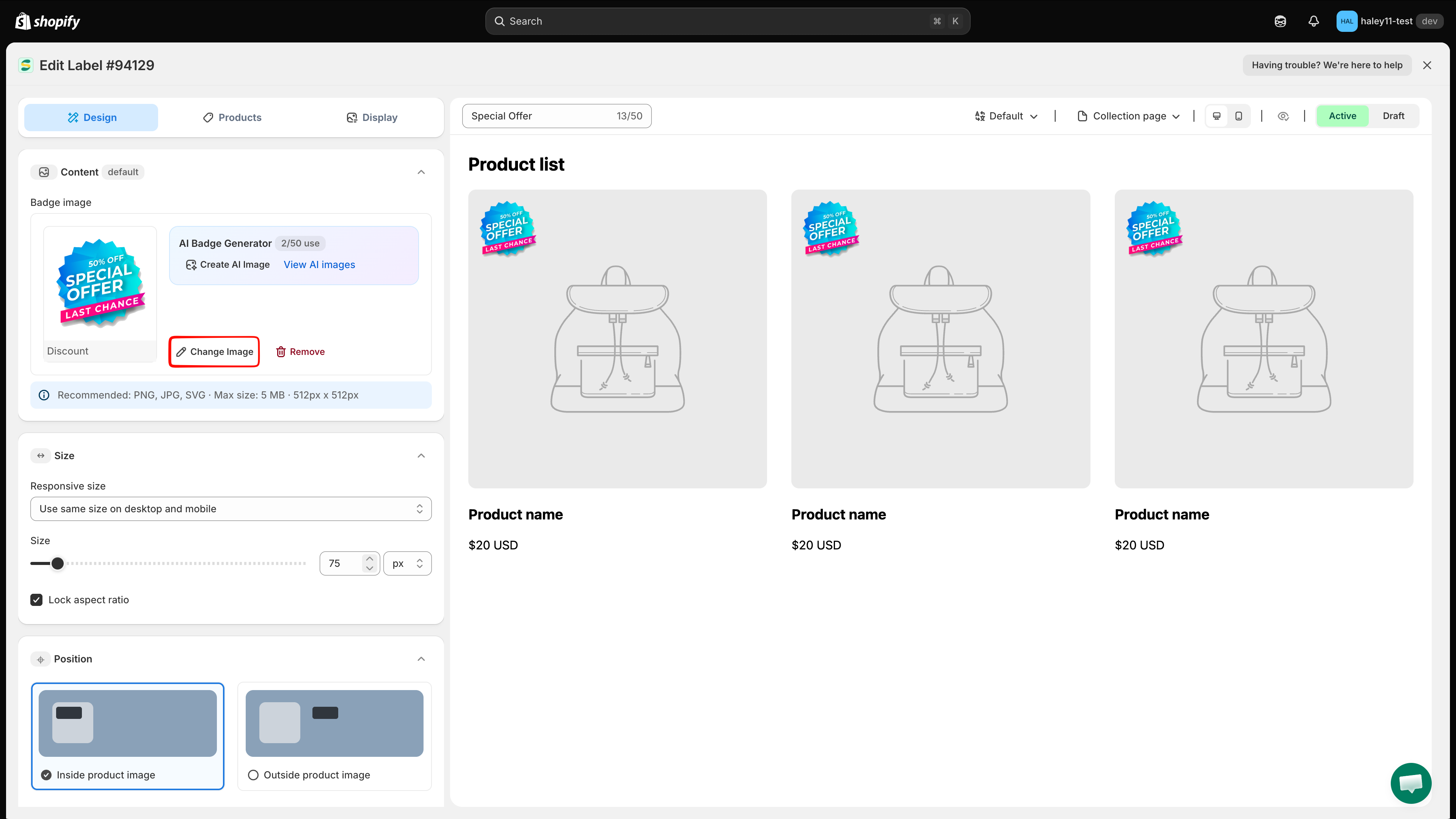 Choose badge type dialog with the Image badge option