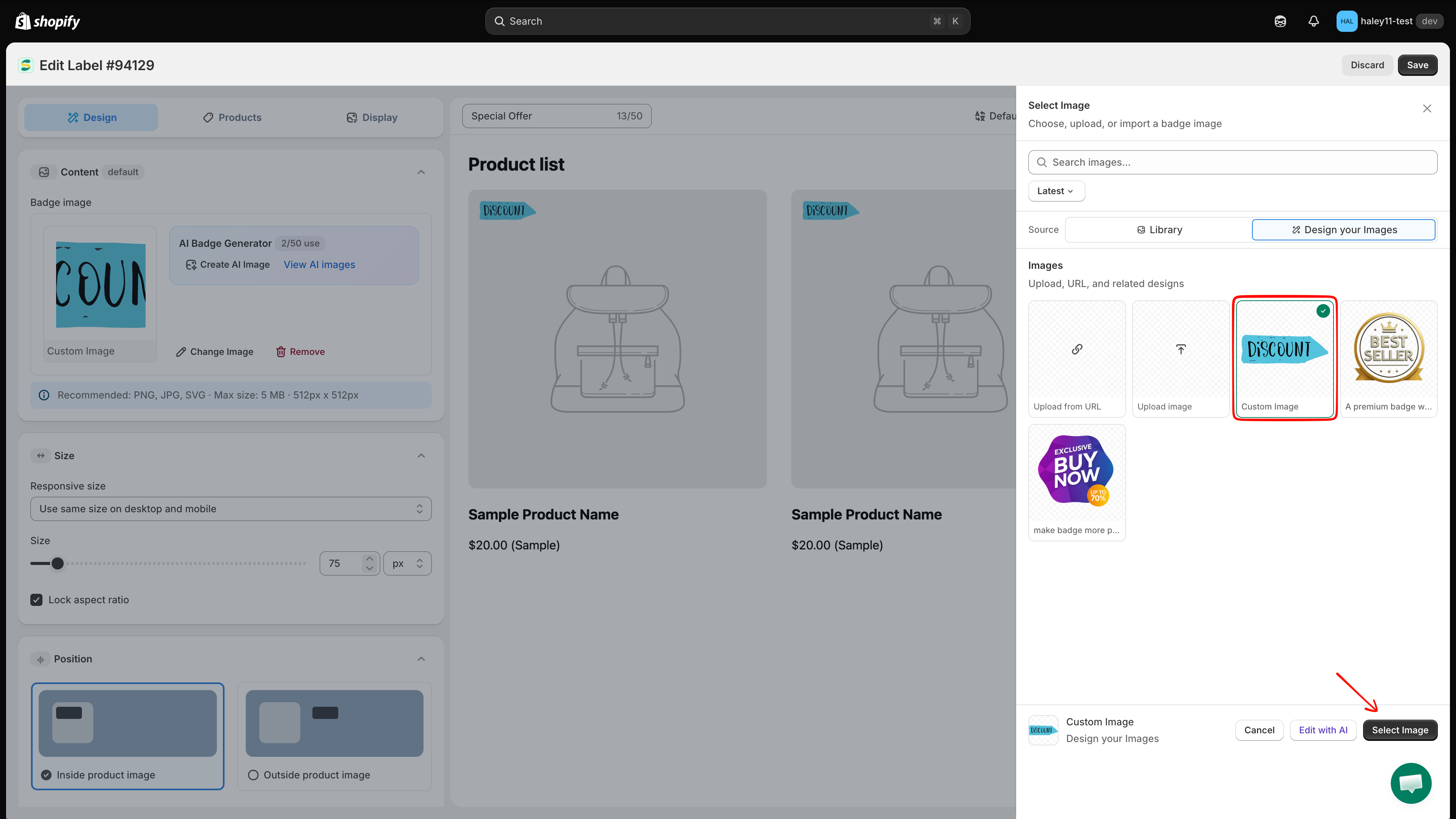Content section showing the applied custom image with Change Image and Remove