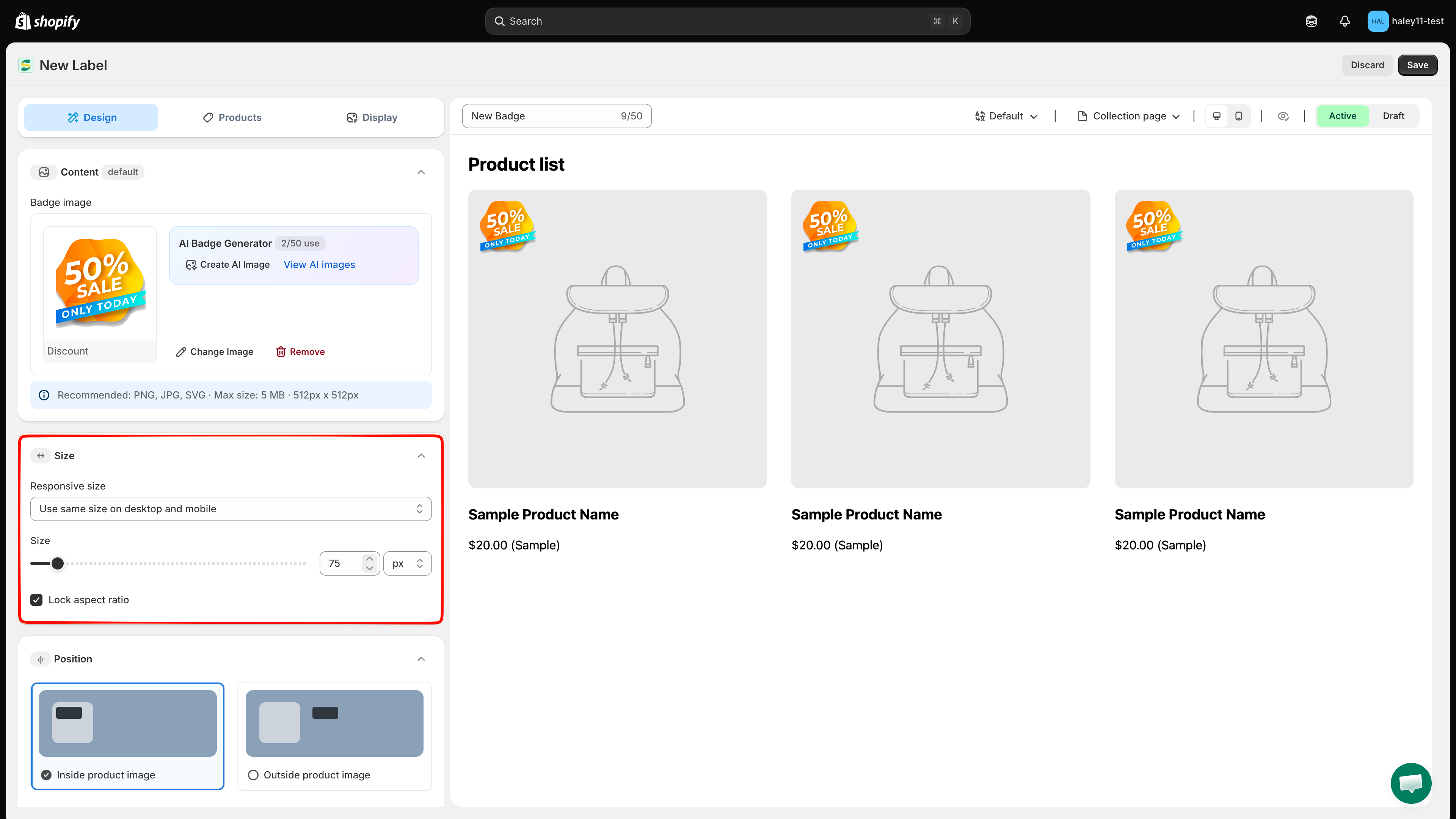 Image badge size controls with Lock aspect ratio enabled
