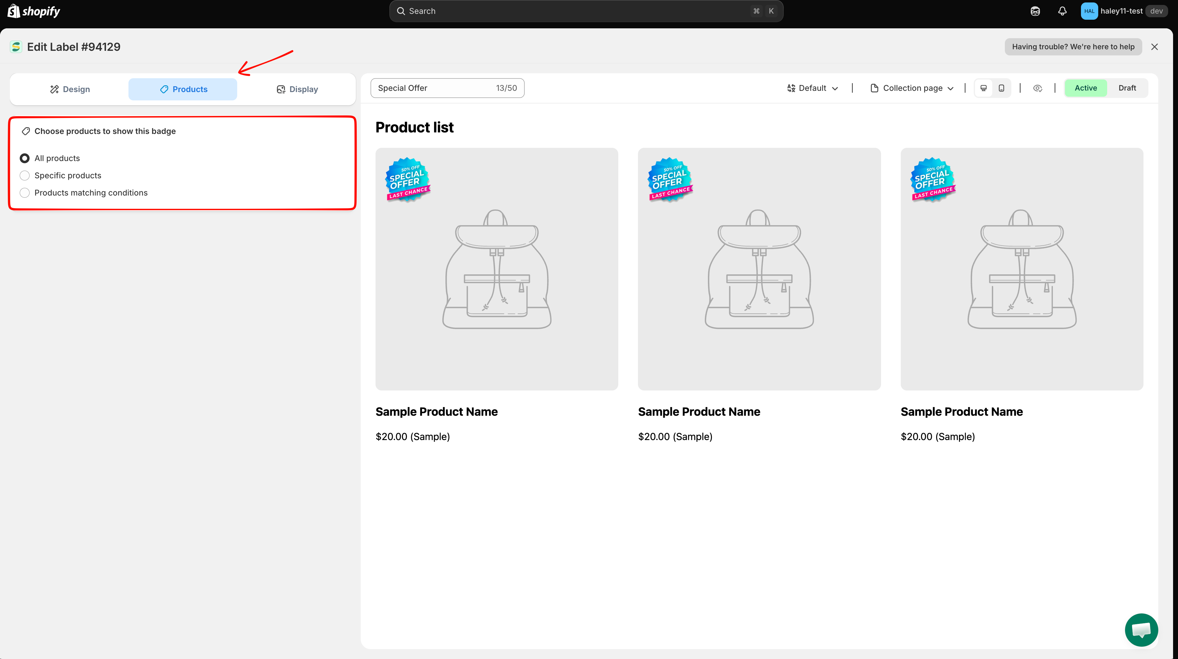 Products tab in the badge editor
