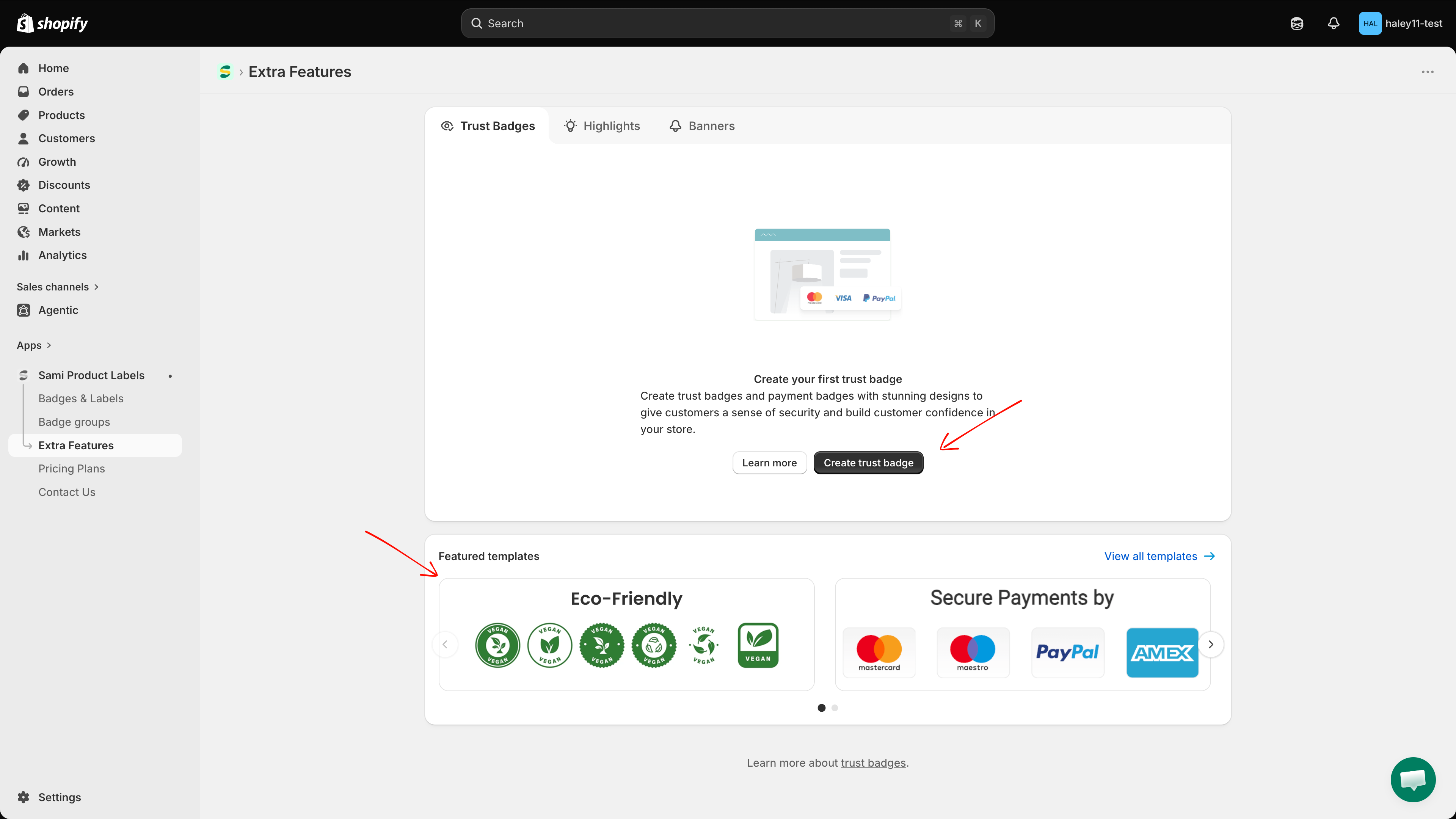 Create trust badge button and Featured templates section