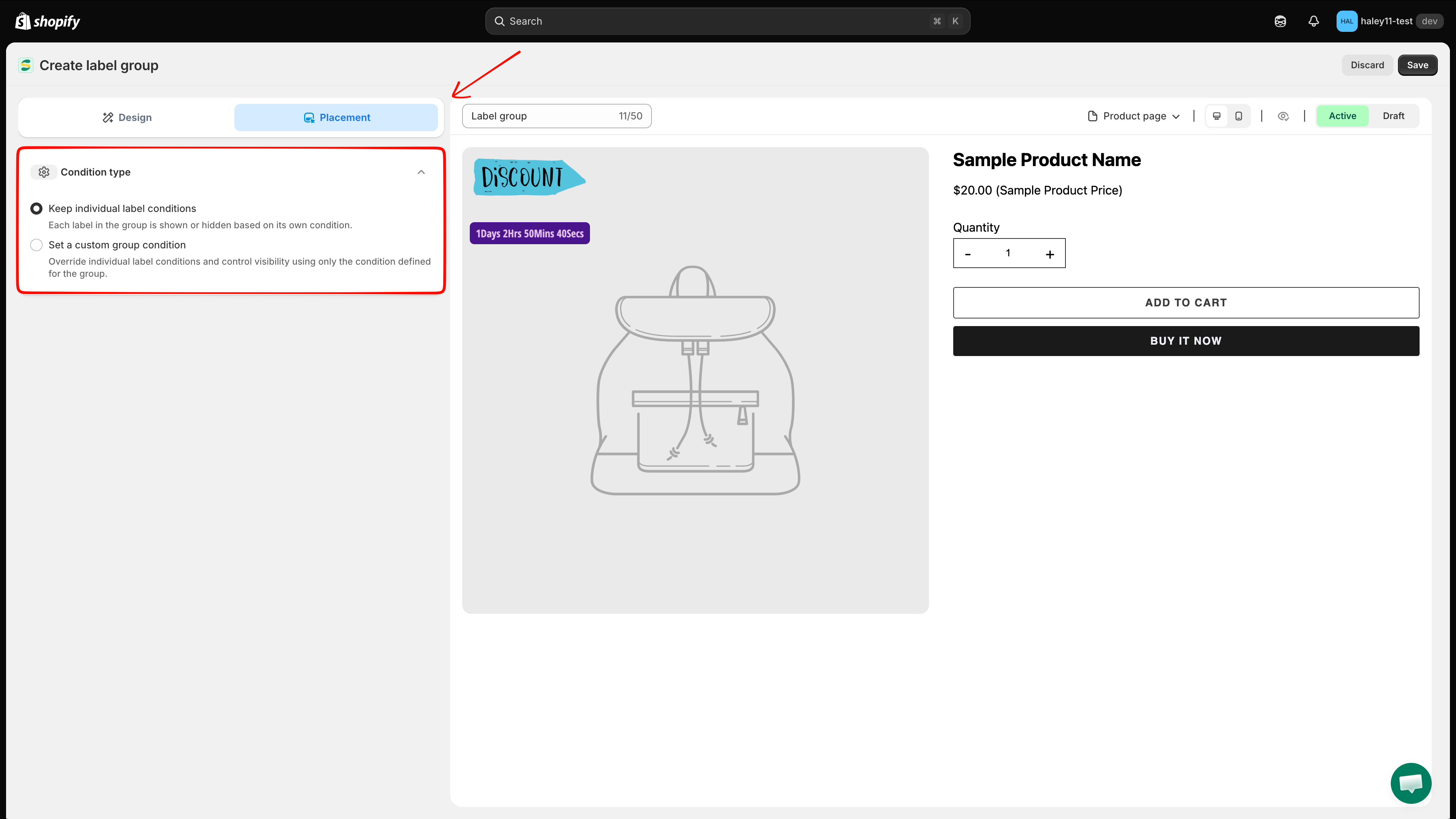 Placement tab showing the two condition types