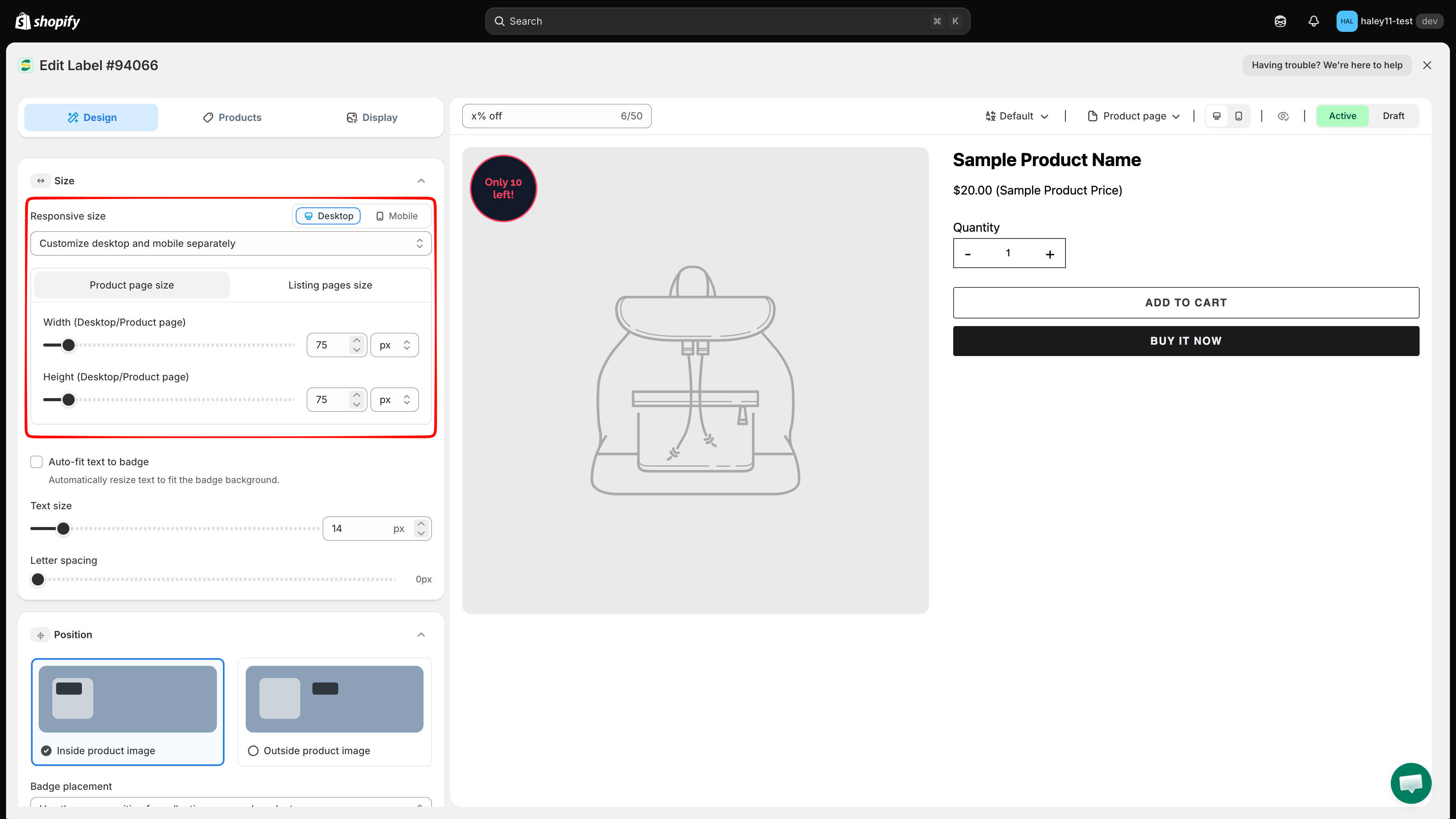 Separate size controls for desktop, mobile, product pages, and listing pages