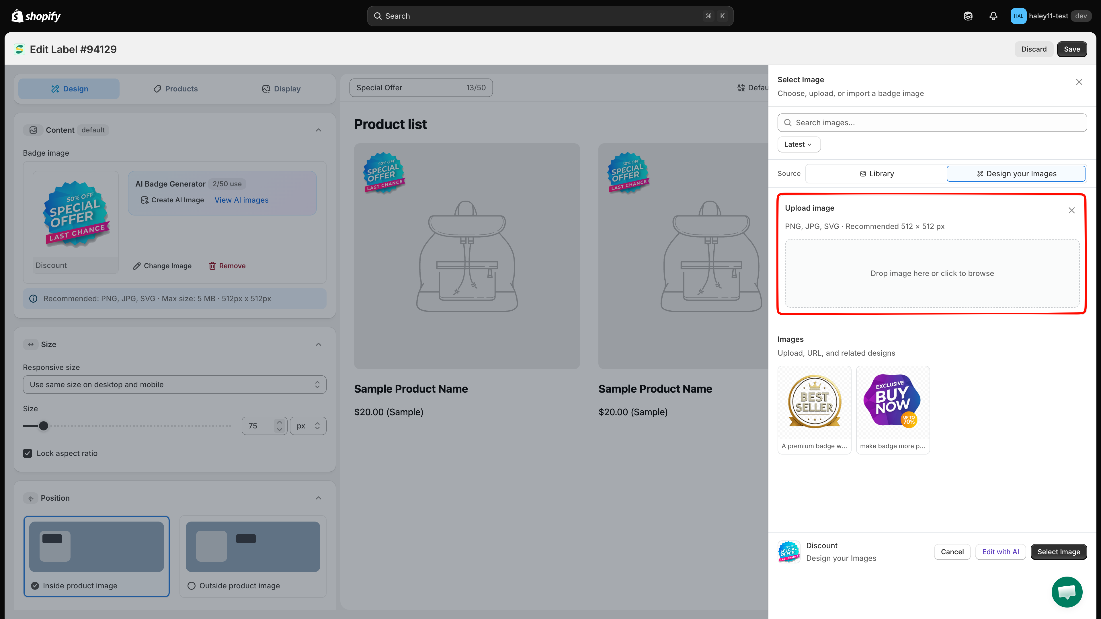 Upload image tile in the Design your Images tab