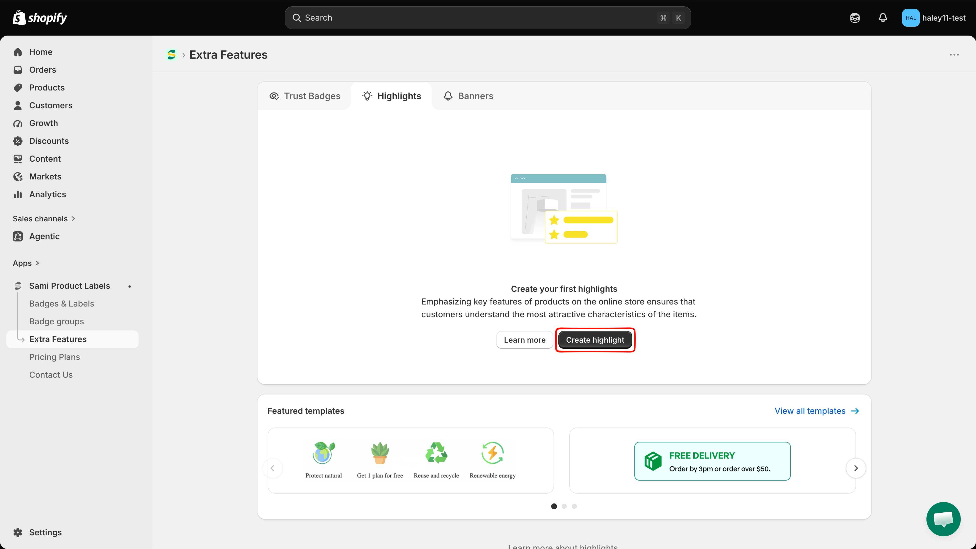 Create highlights button and the Featured templates section