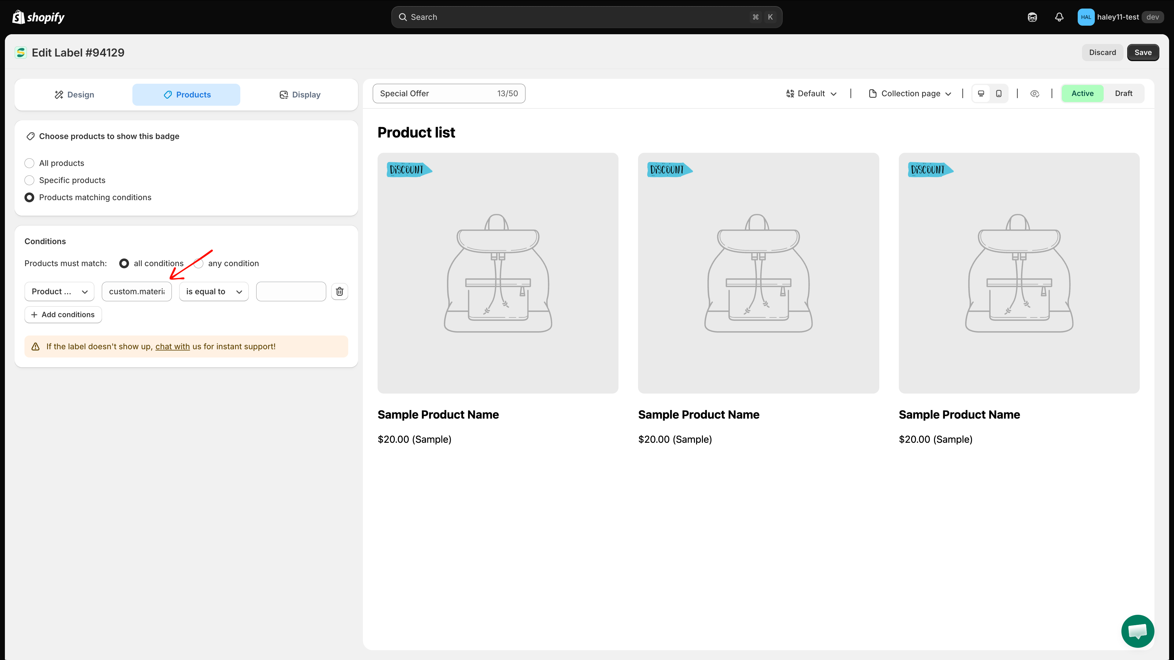 Product metafield condition with the namespace key field filled in