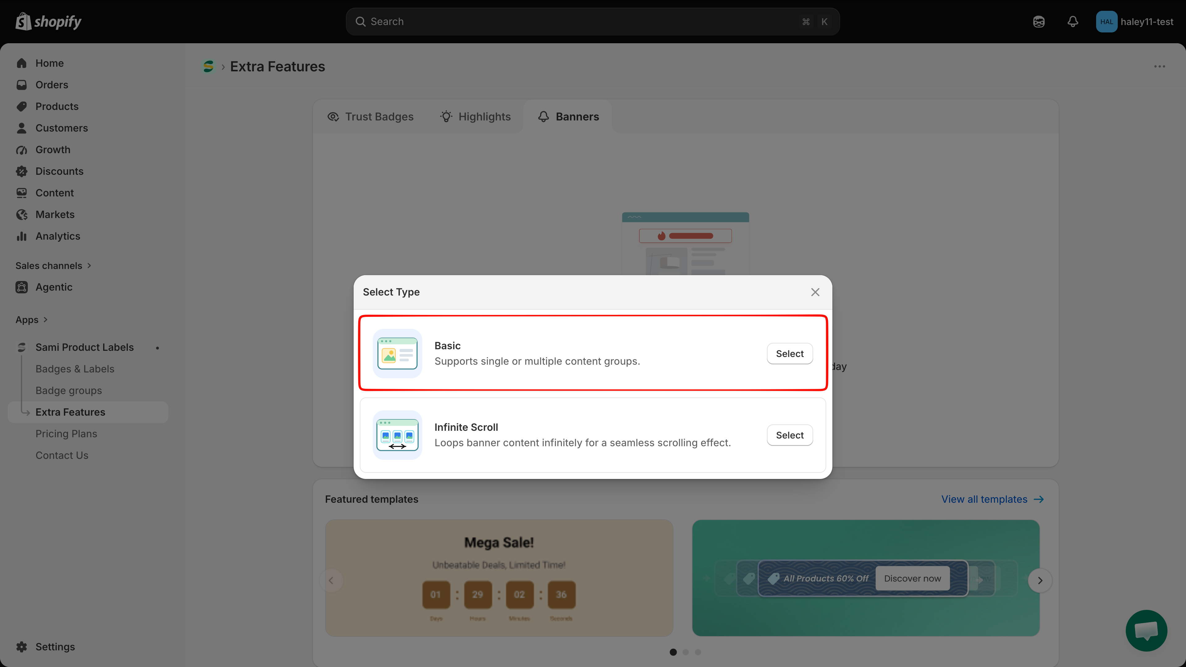 The Select Type dialog with the Basic and Infinite Scroll options