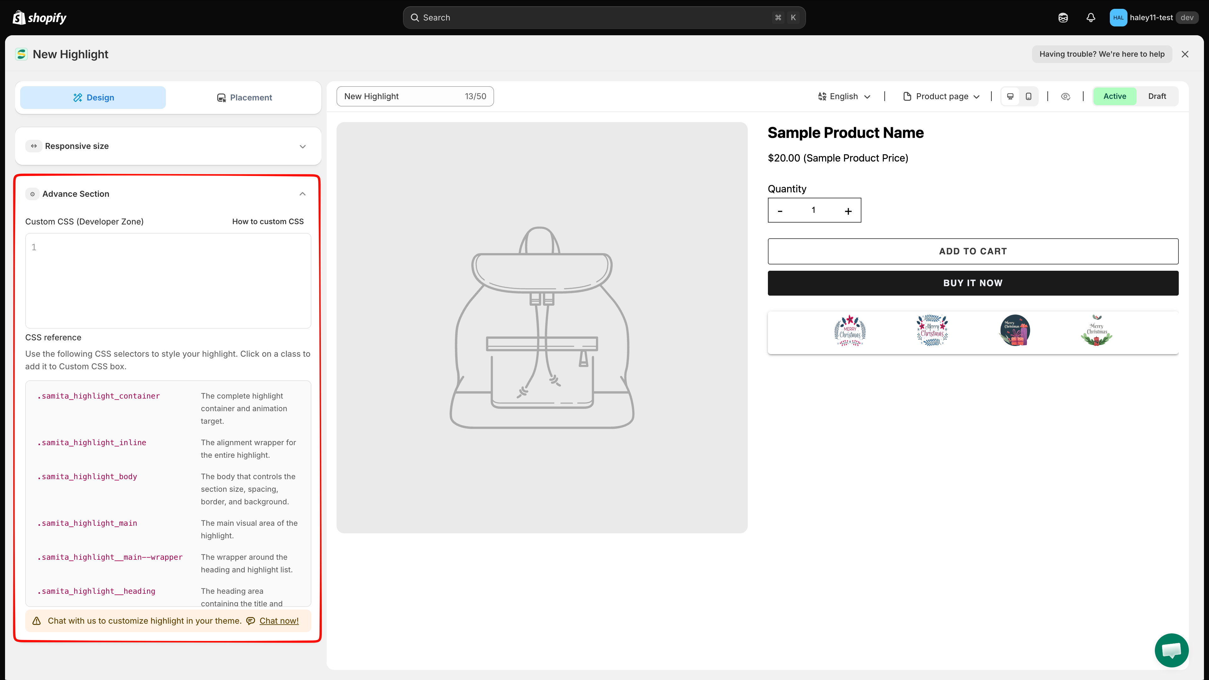 Advance Section with the custom CSS editor and the CSS reference list
