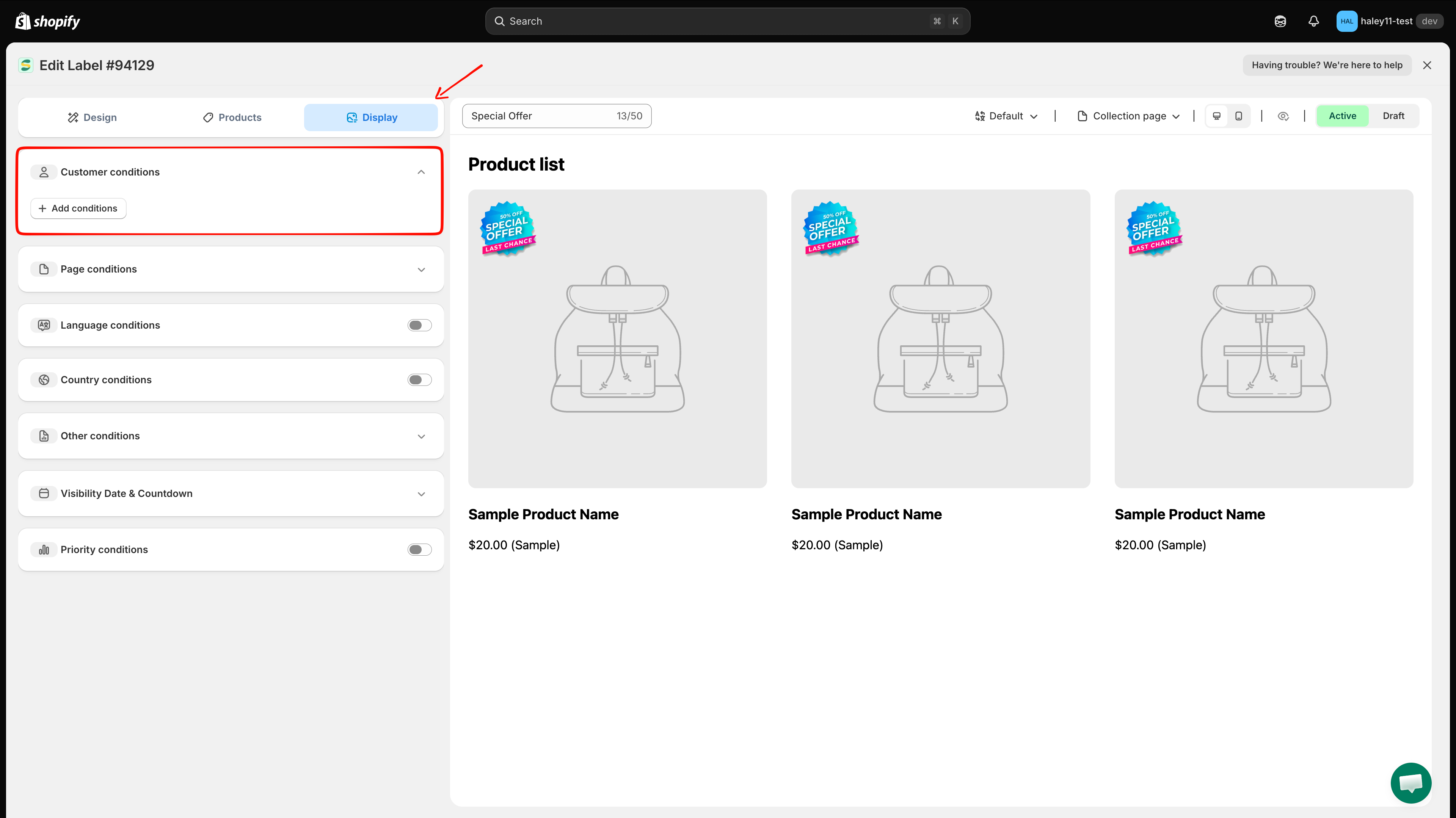 Display tab with the Customer conditions section expanded