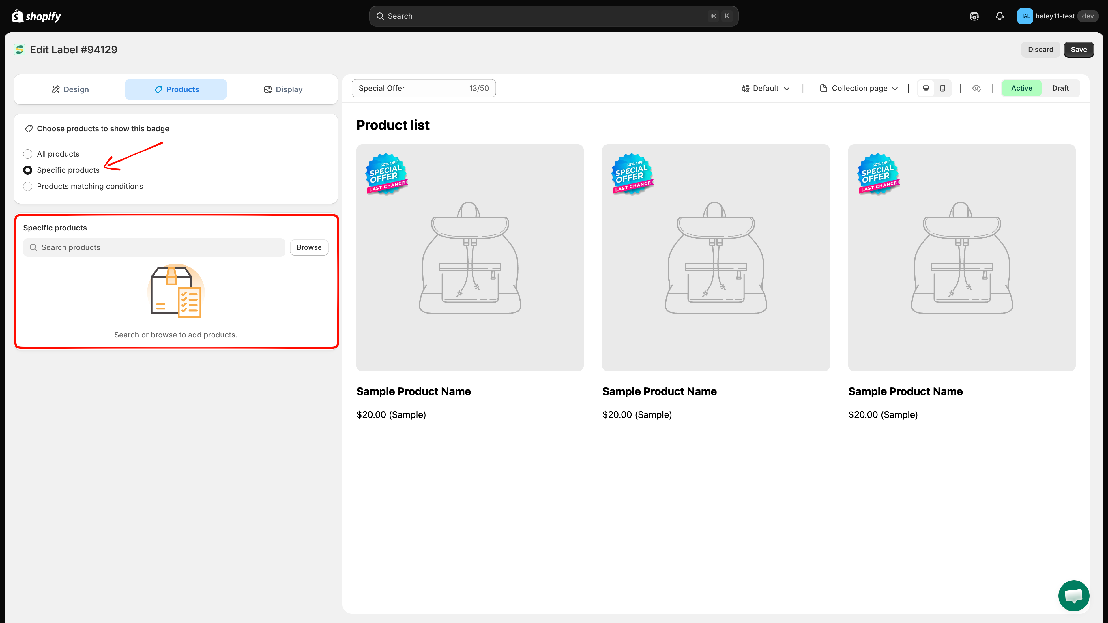 Specific products section with search field and Browse button