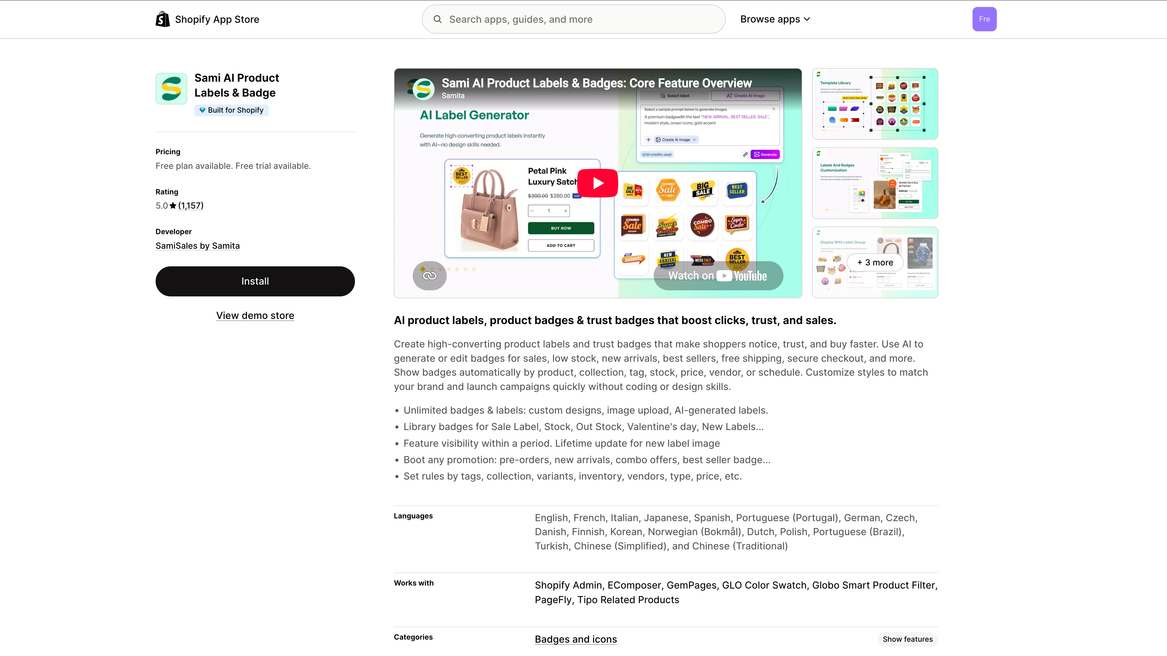 Sami AI Product Labels listing in the Shopify App Store