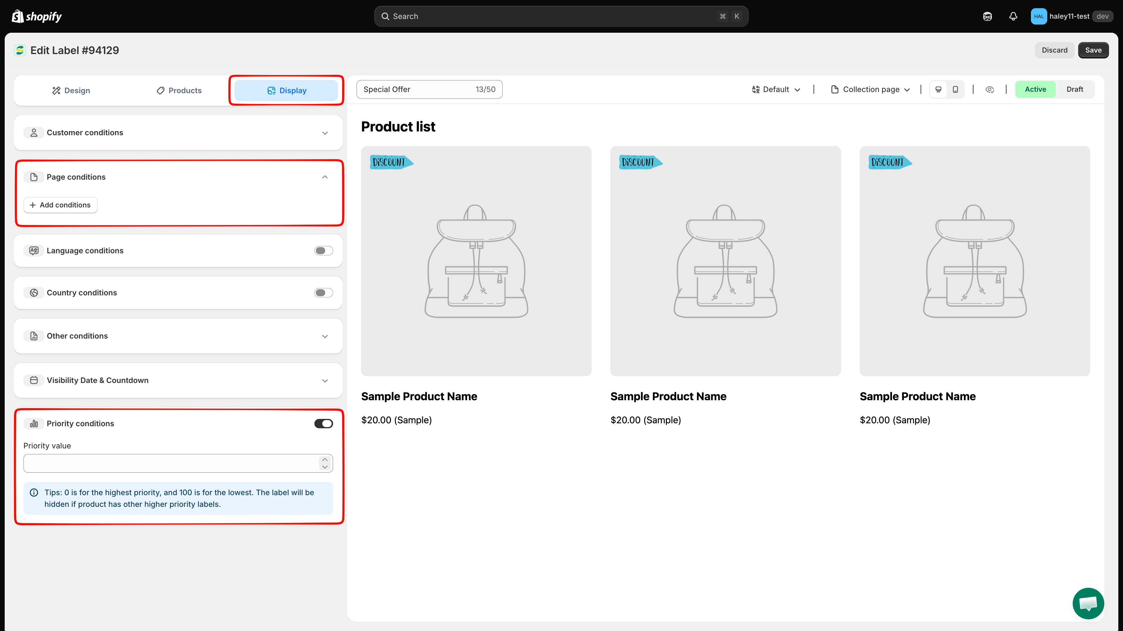Display tab of the badge editor with all sections collapsed