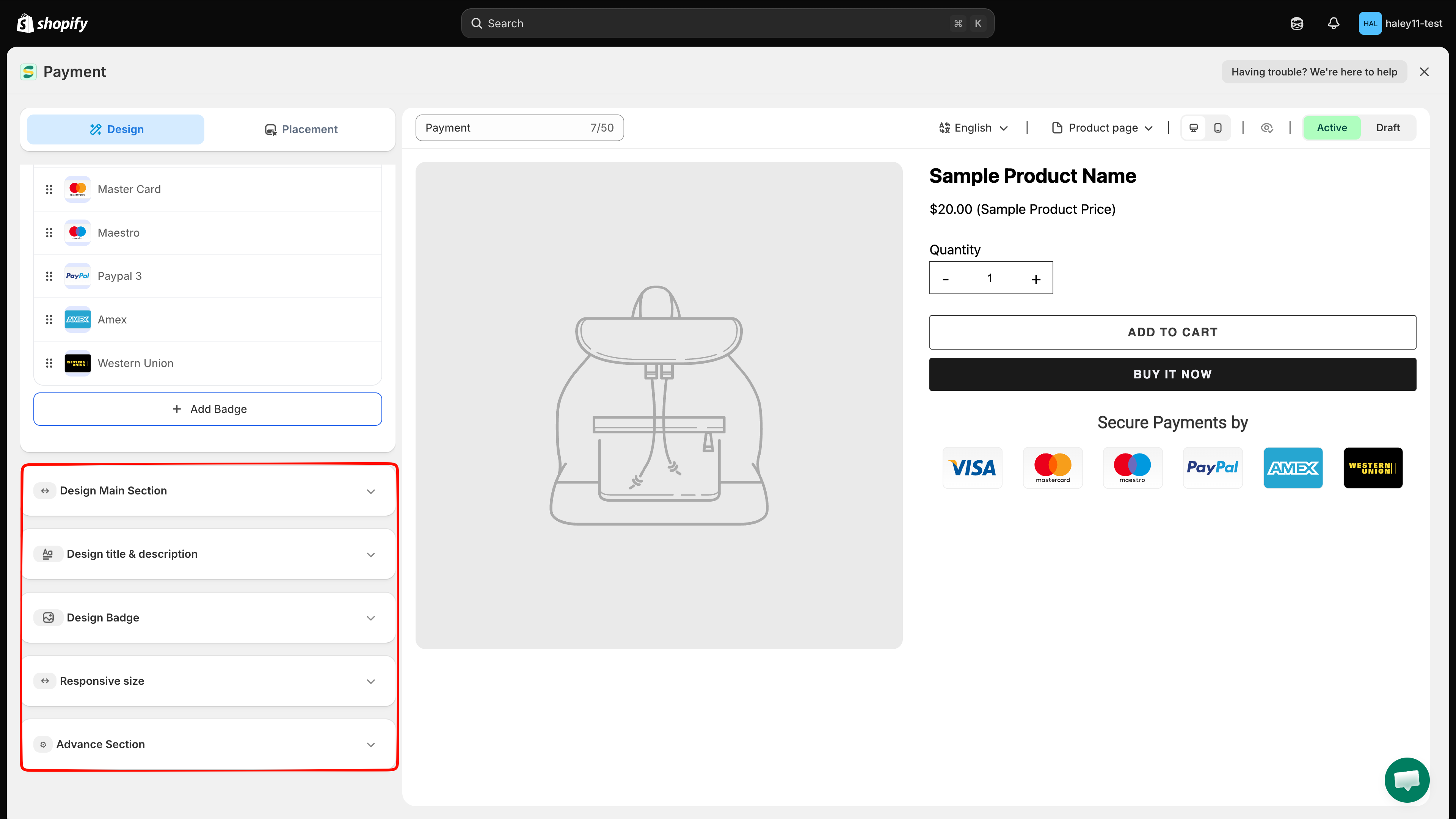 Trust badge editor showing the collapsible design sections