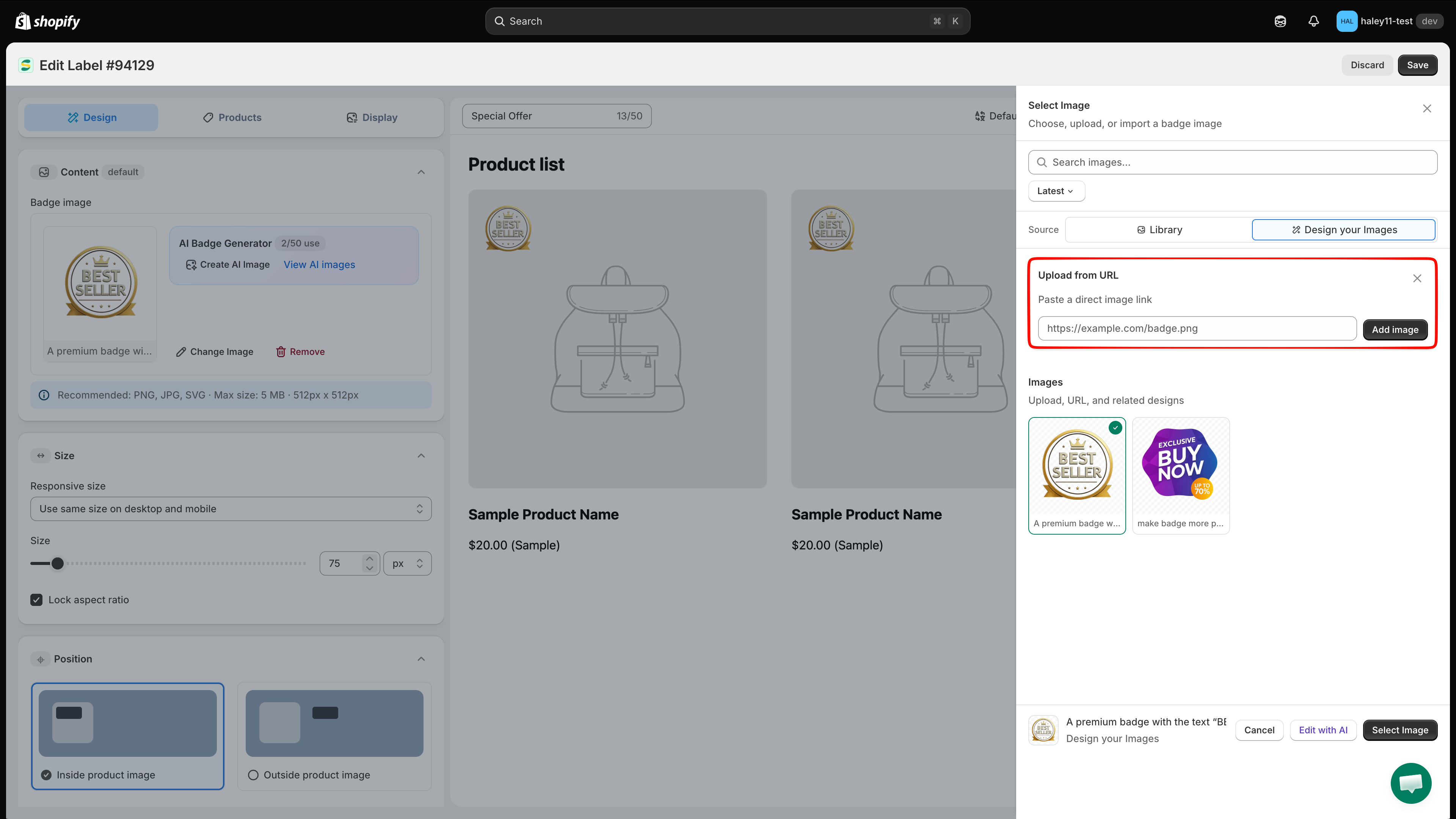 Upload from URL panel with the image link field and the Add image button