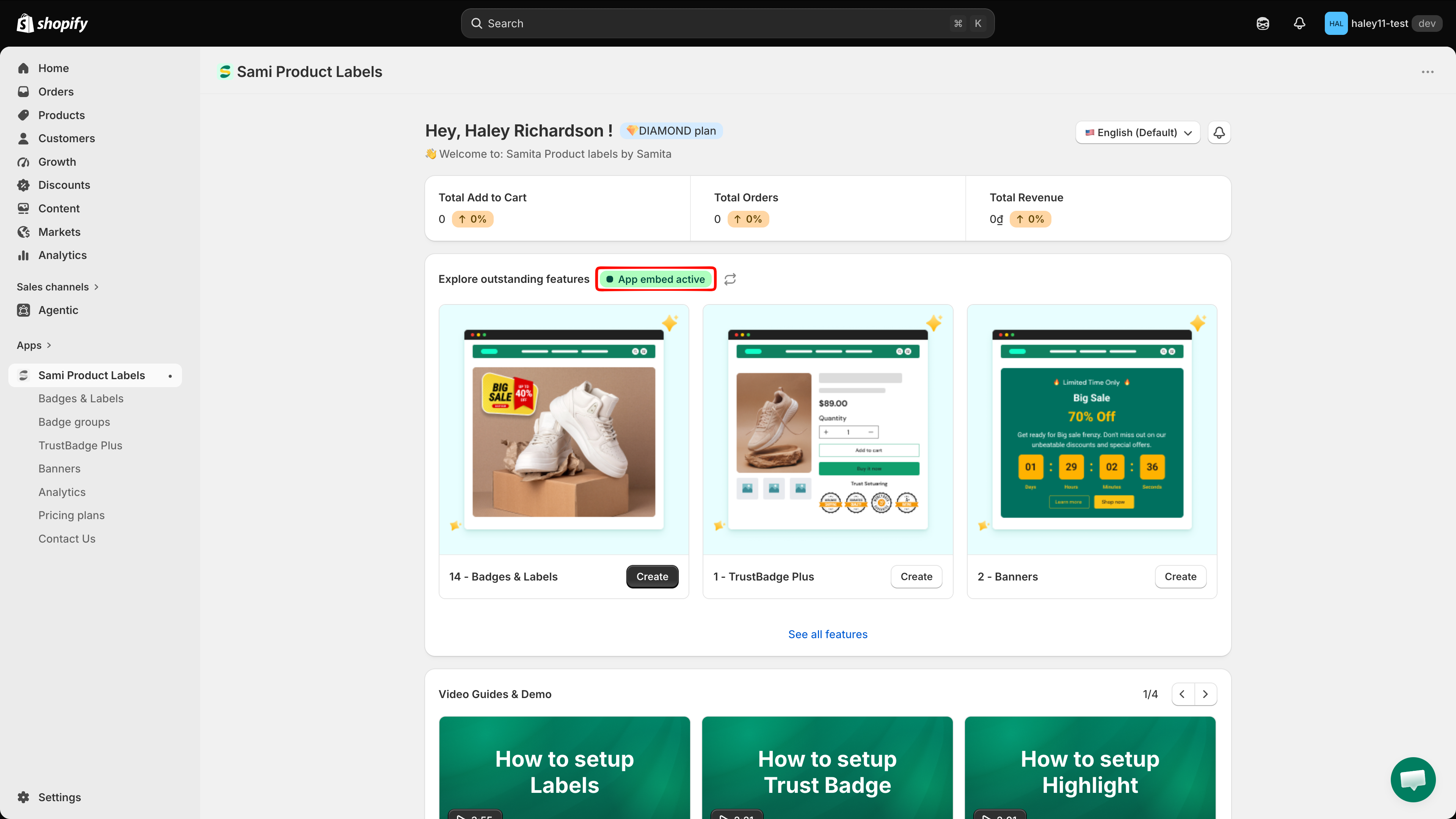 Dashboard Explore outstanding features panel showing the App embed active status chip