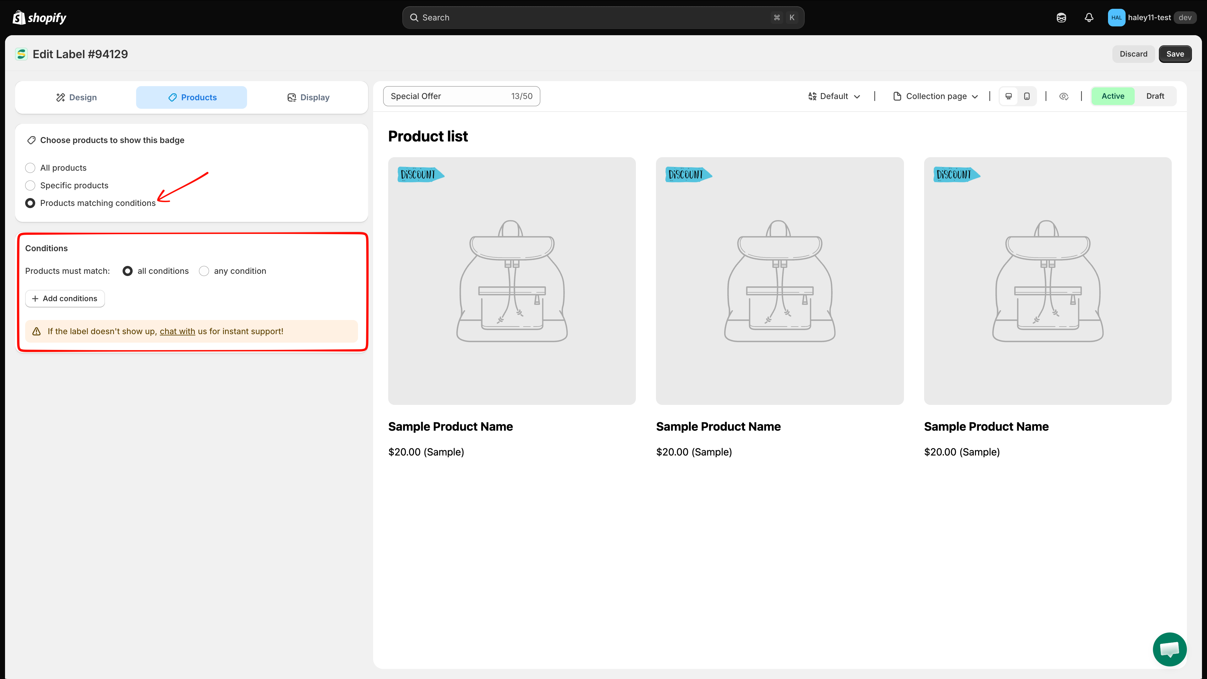 Products matching conditions selected, with the Conditions card below