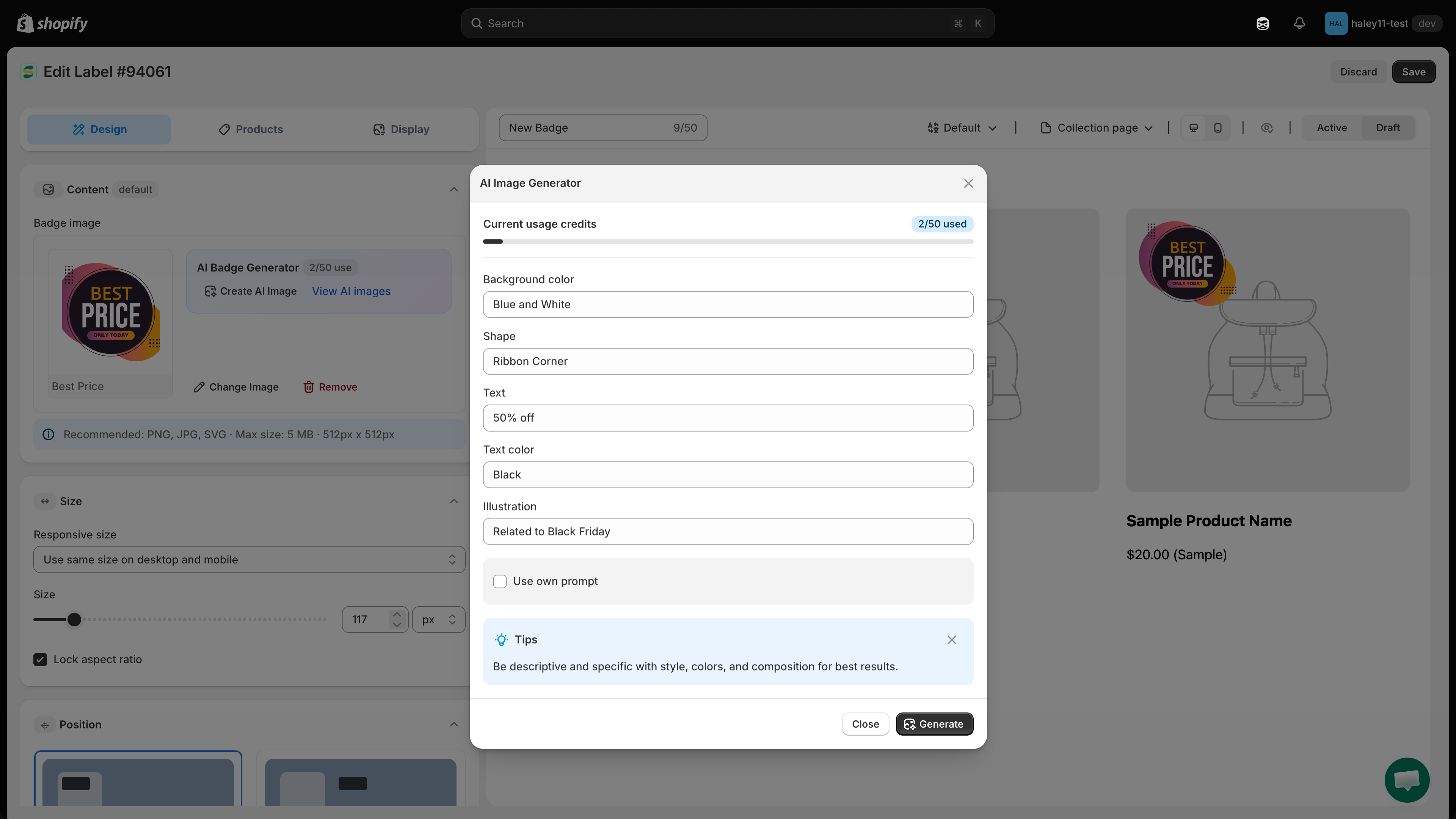 The AI Image Generator dialog with the five guided fields