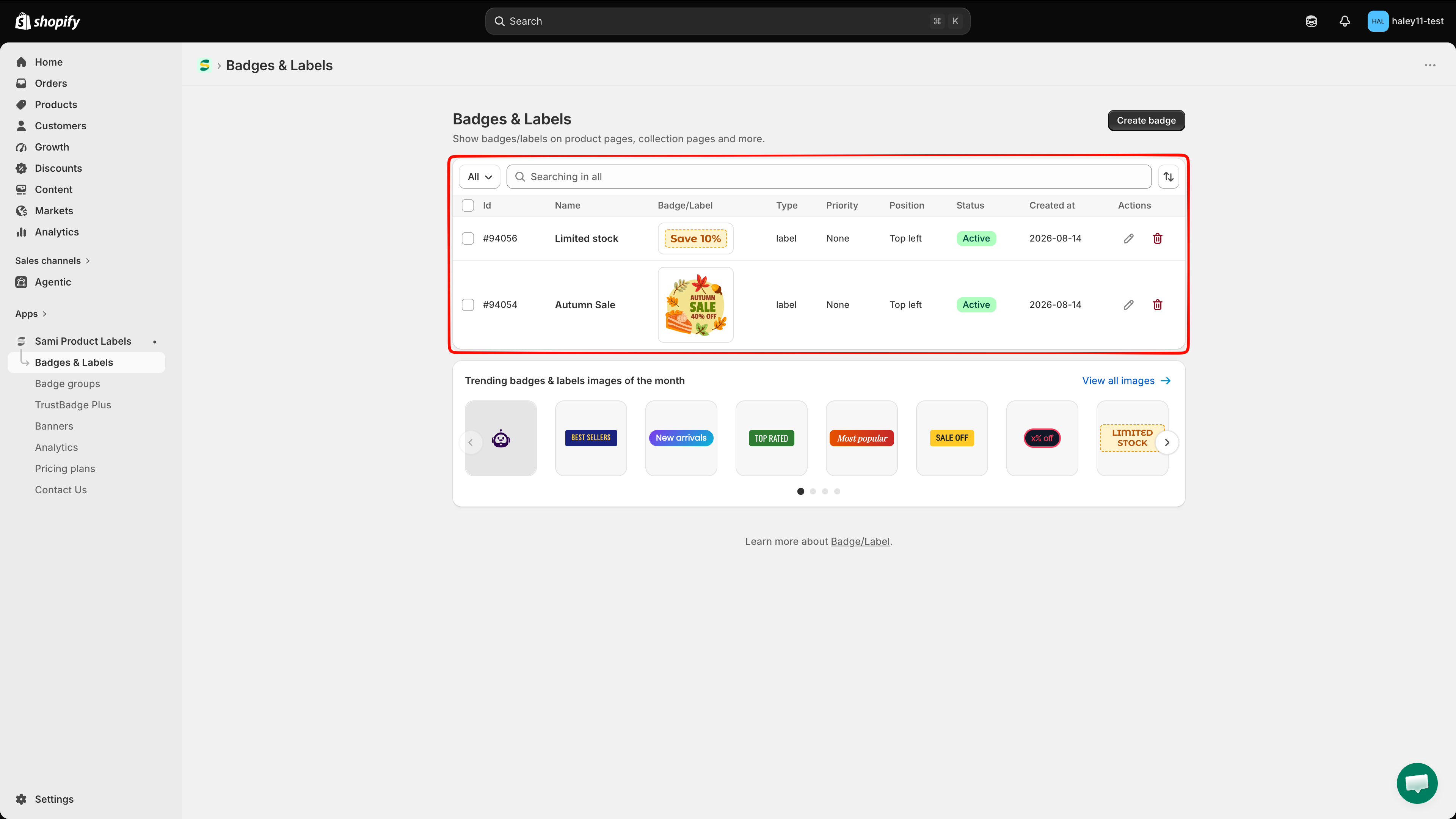 Badges and Labels list with a draft image badge