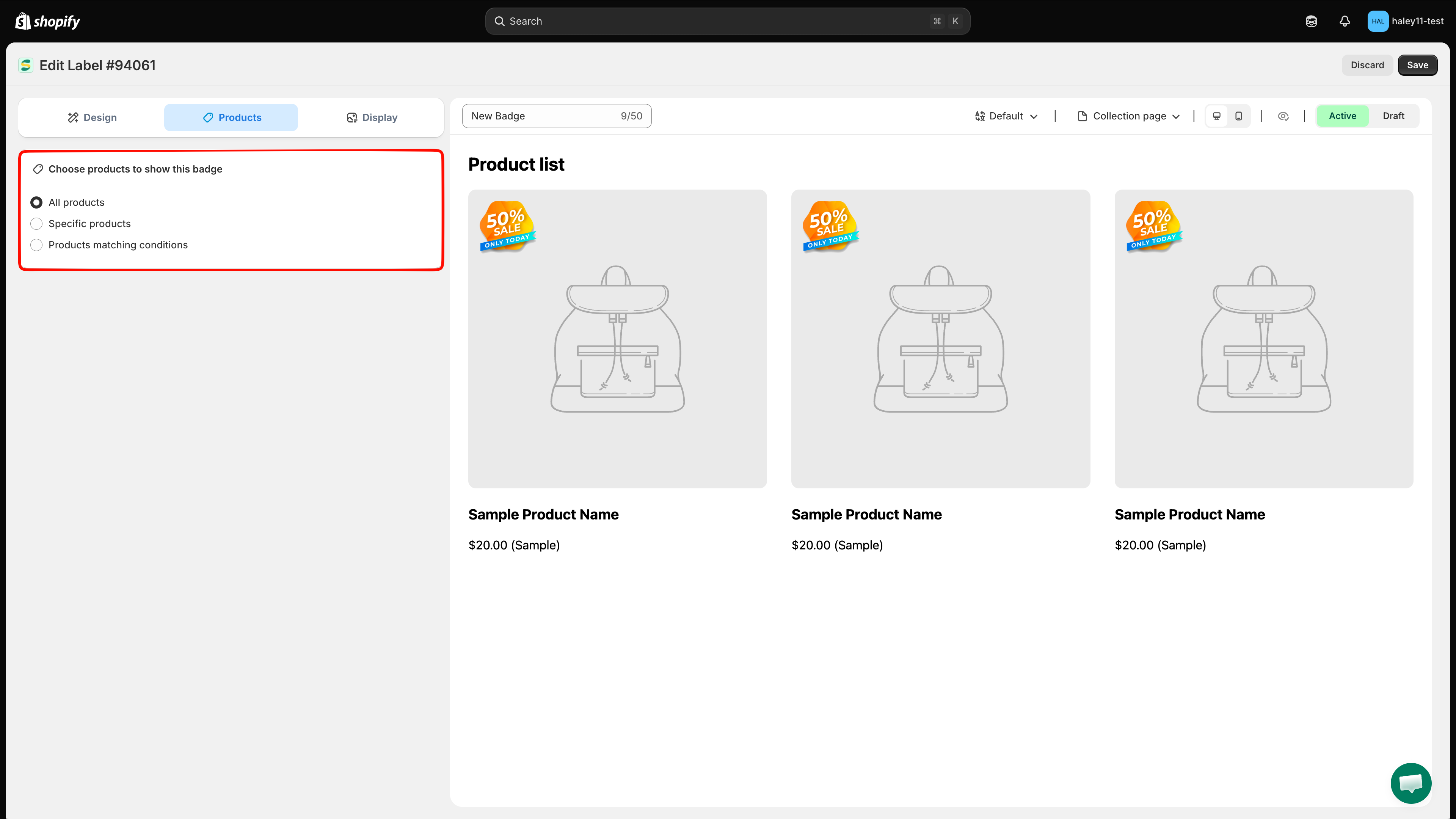 Products tab showing All products, Specific products, and Products matching conditions