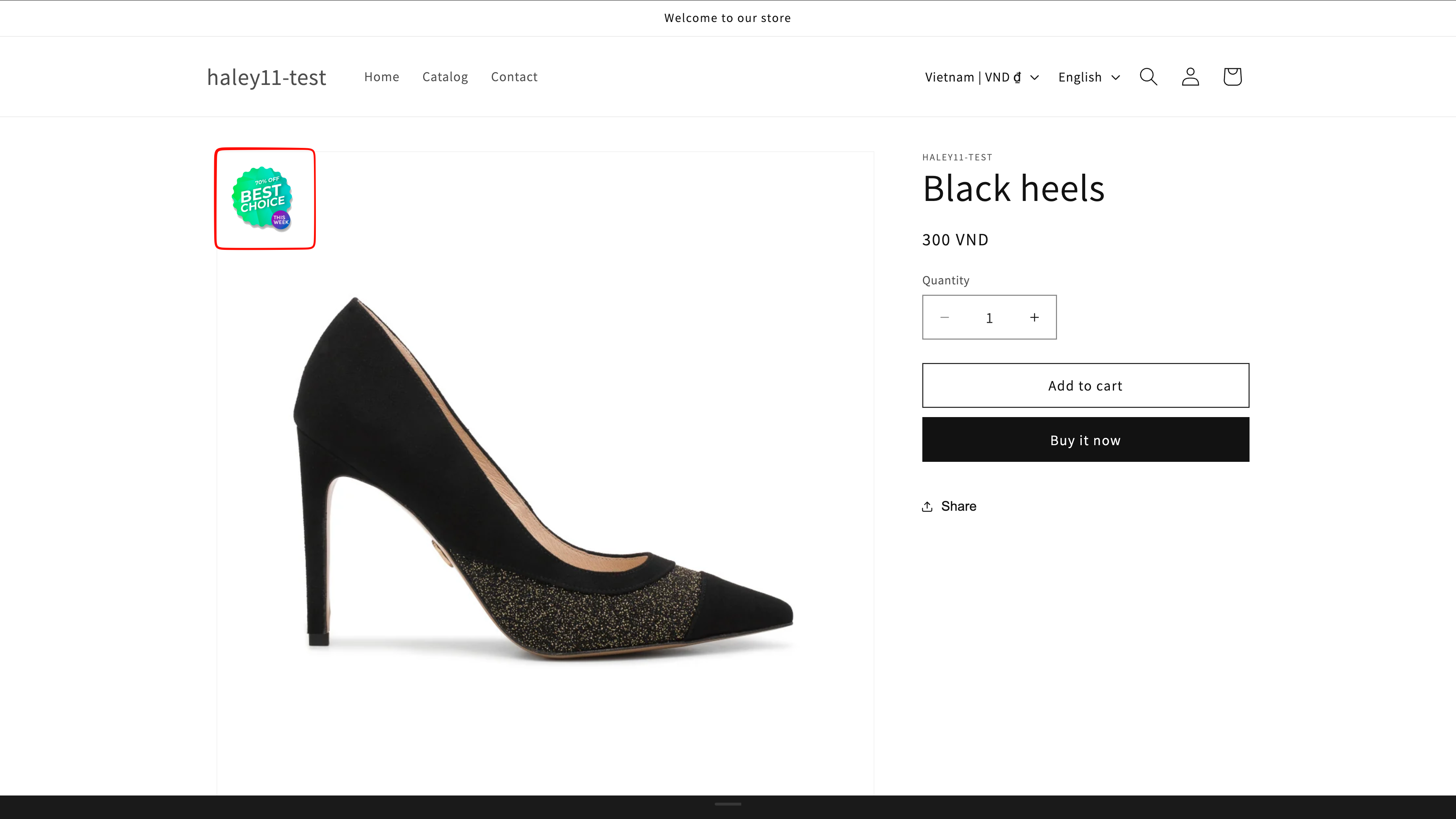 Storefront product page showing a live badge on the product image
