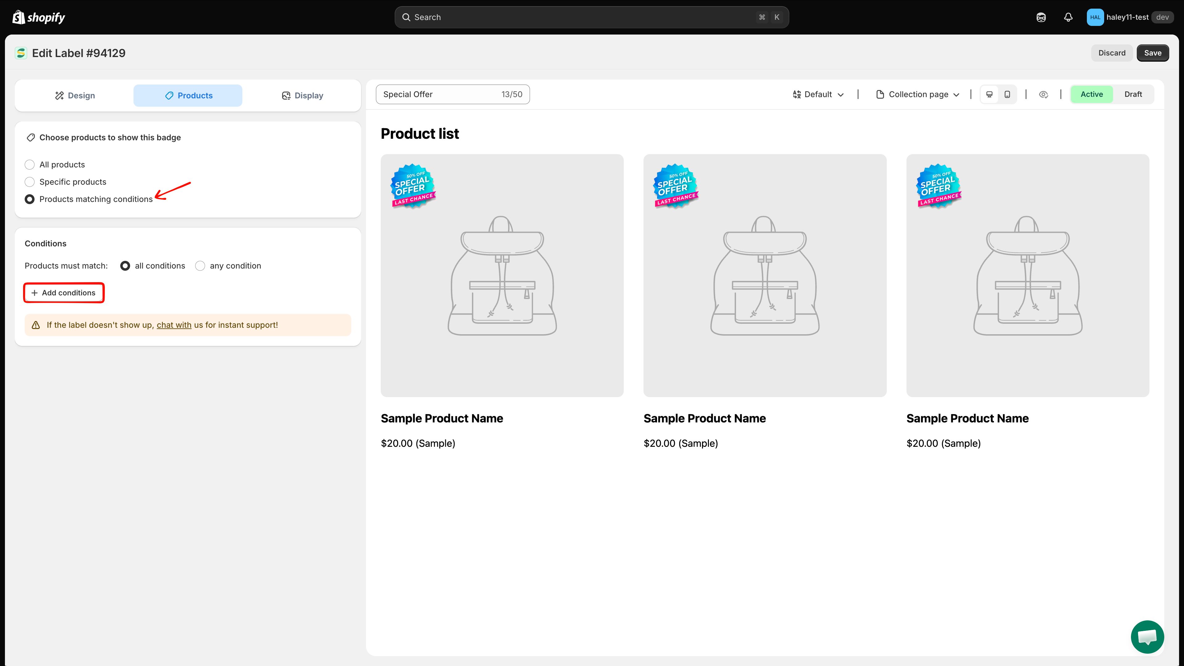 Conditions section with all/any selector and Add conditions button