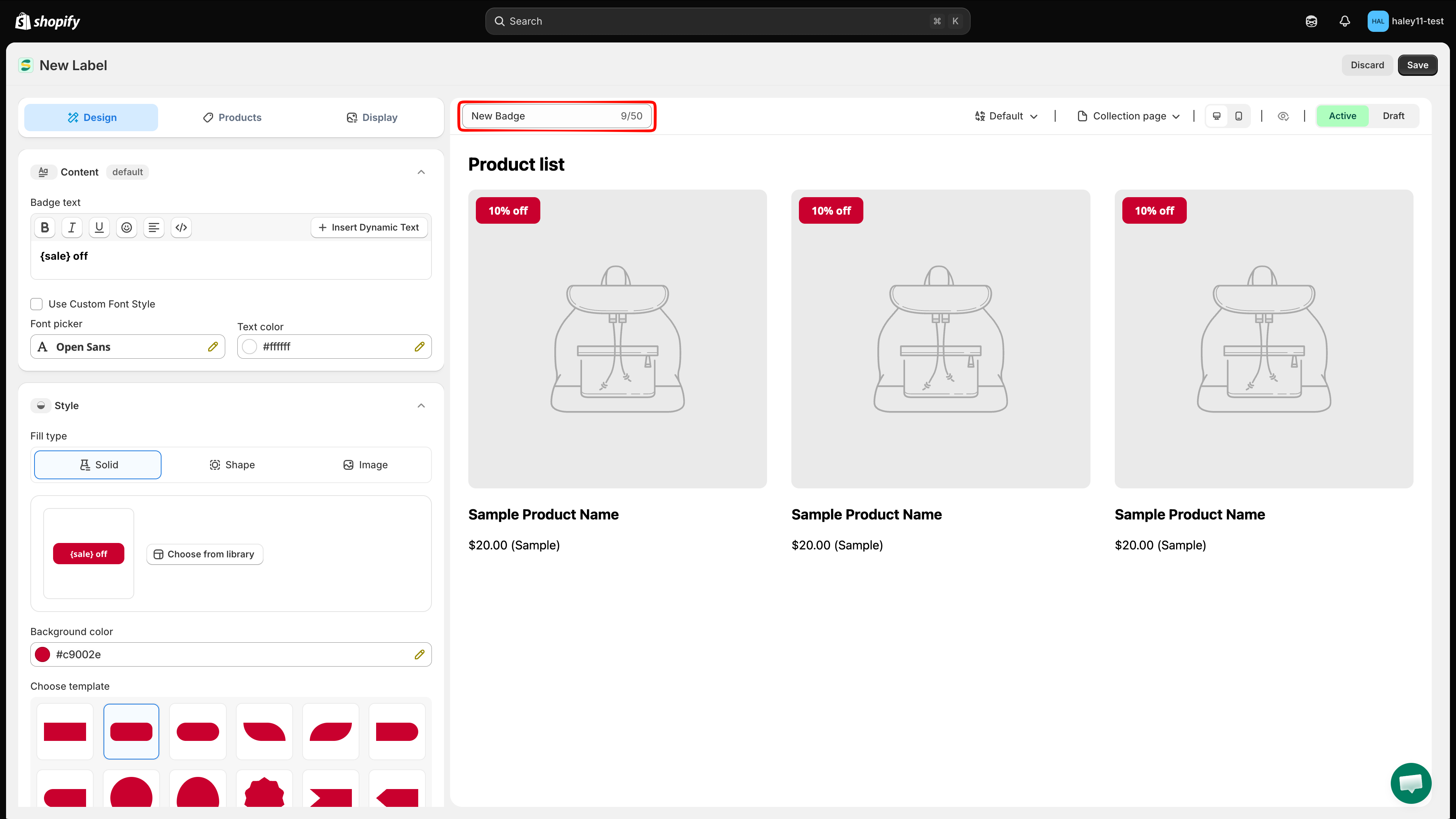 Badge name input field
