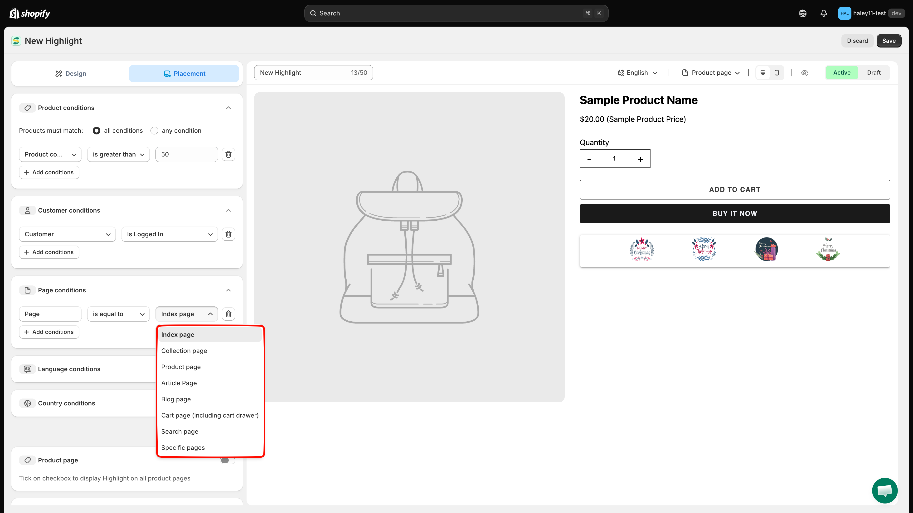 Page conditions with the page type dropdown open