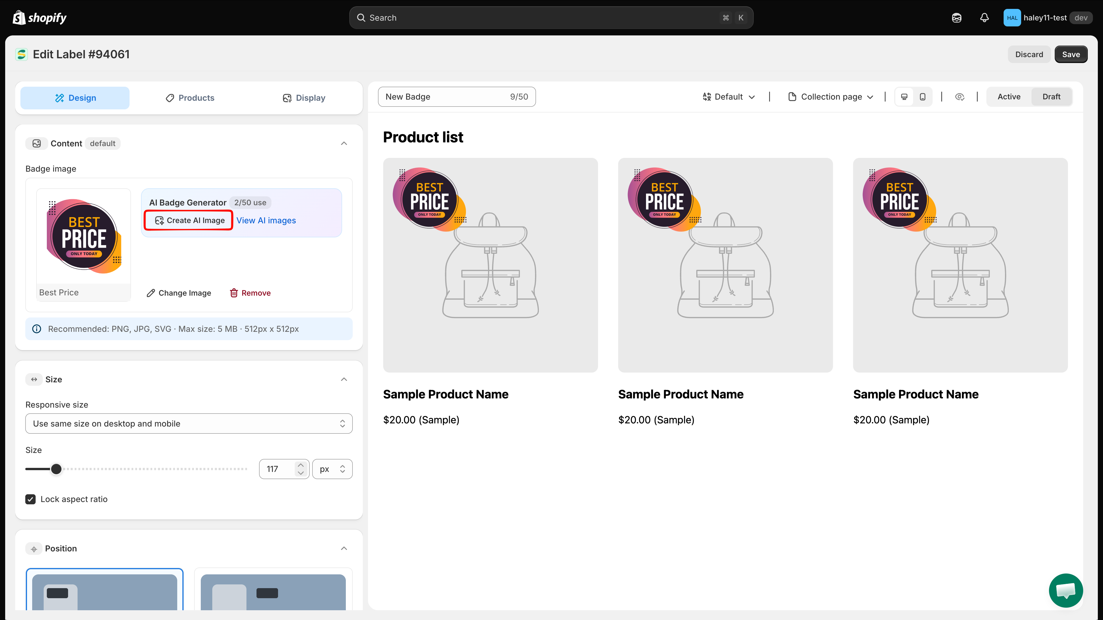 The AI Badge Generator box in the Content panel with the Create AI image and View AI images links