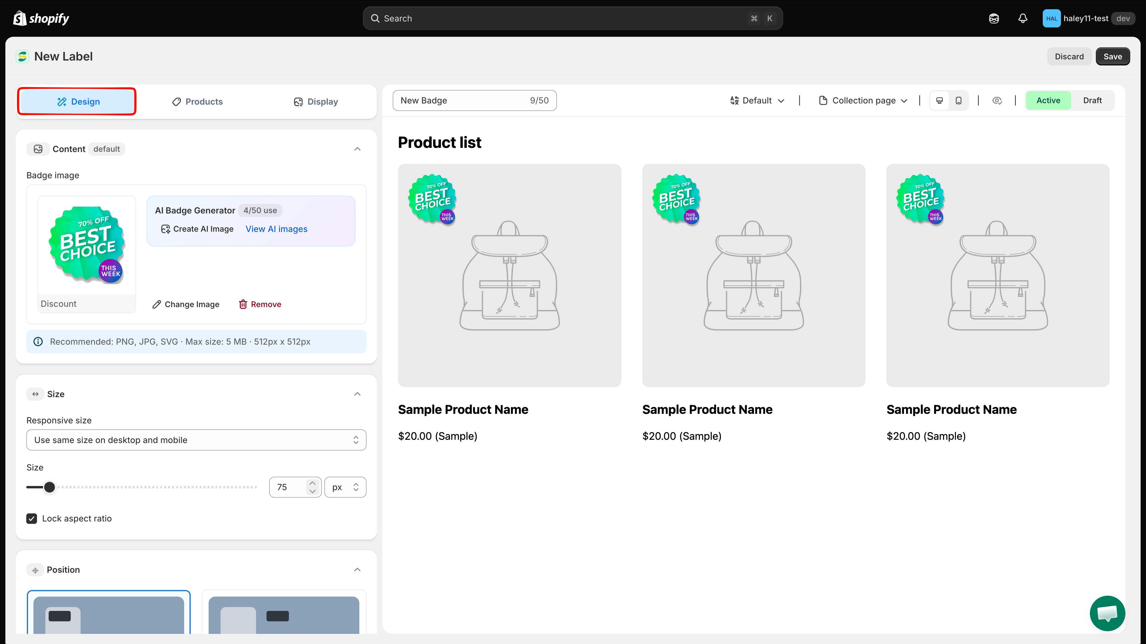 Badge editor Design tab with color, template, and position controls