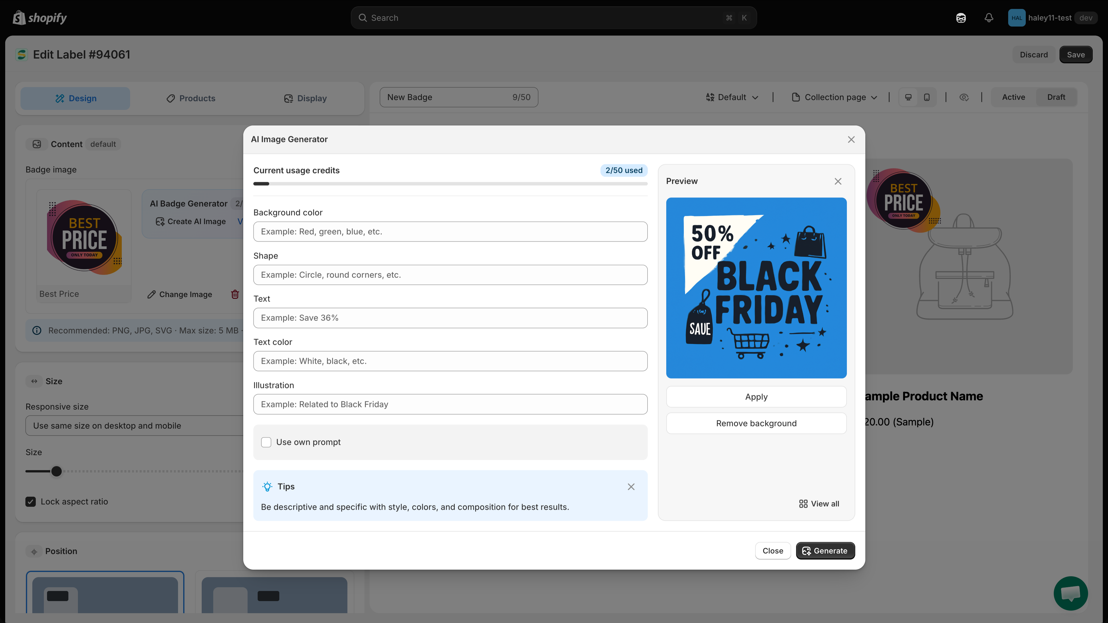 The generated image in the preview panel with Apply and Remove background actions