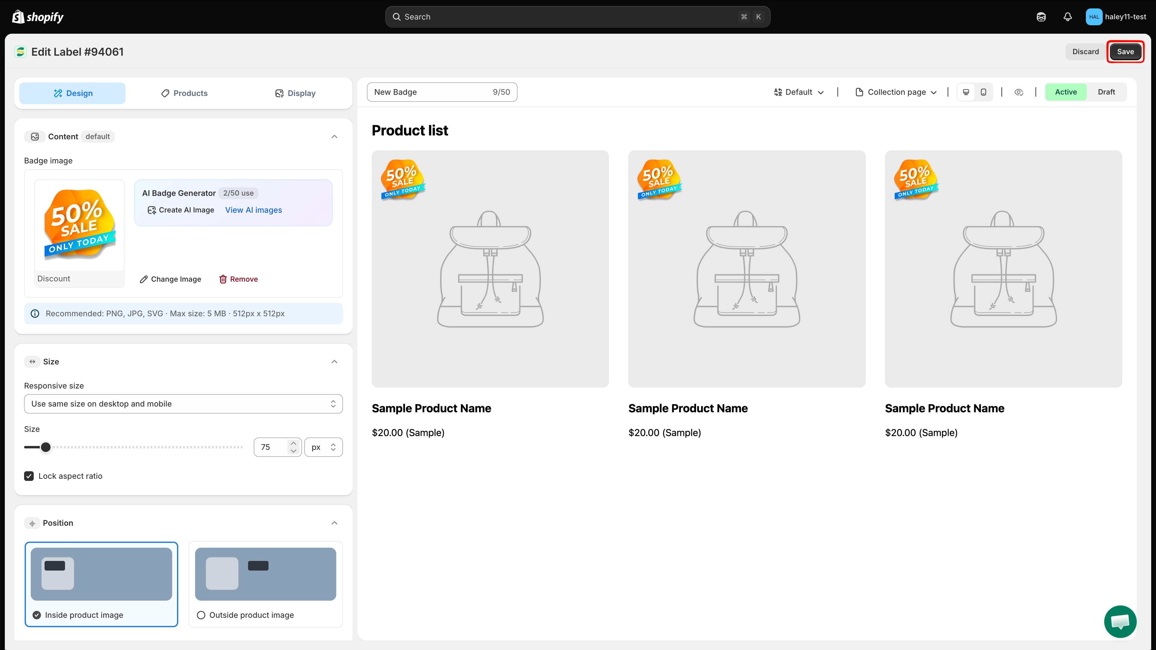 Save button on badge editor