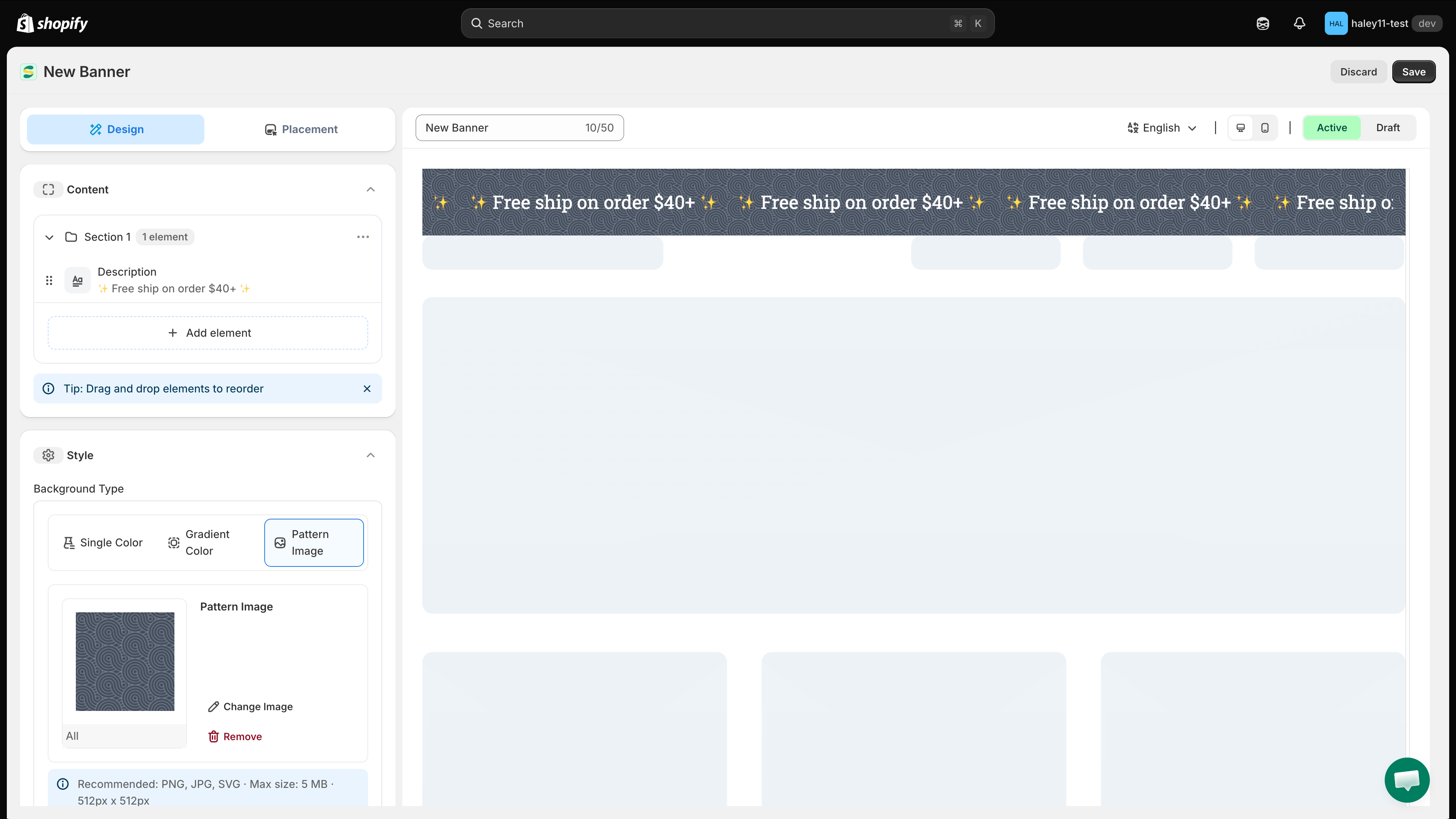 The banner editor toolbar with the name field, language selector, preview toggles, and Active/Draft switch