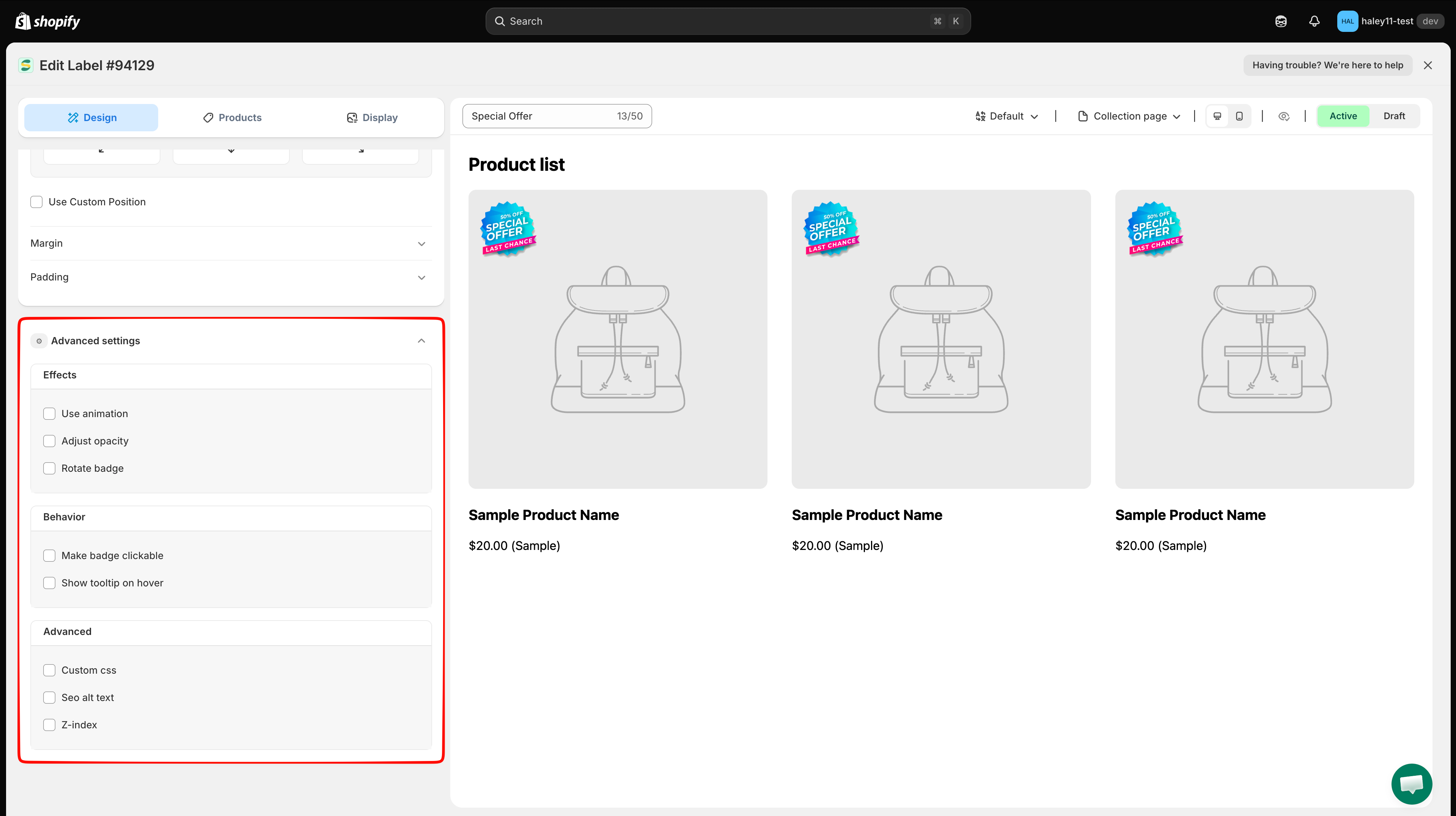 Advanced settings Effects section with Adjust opacity and Rotate badge