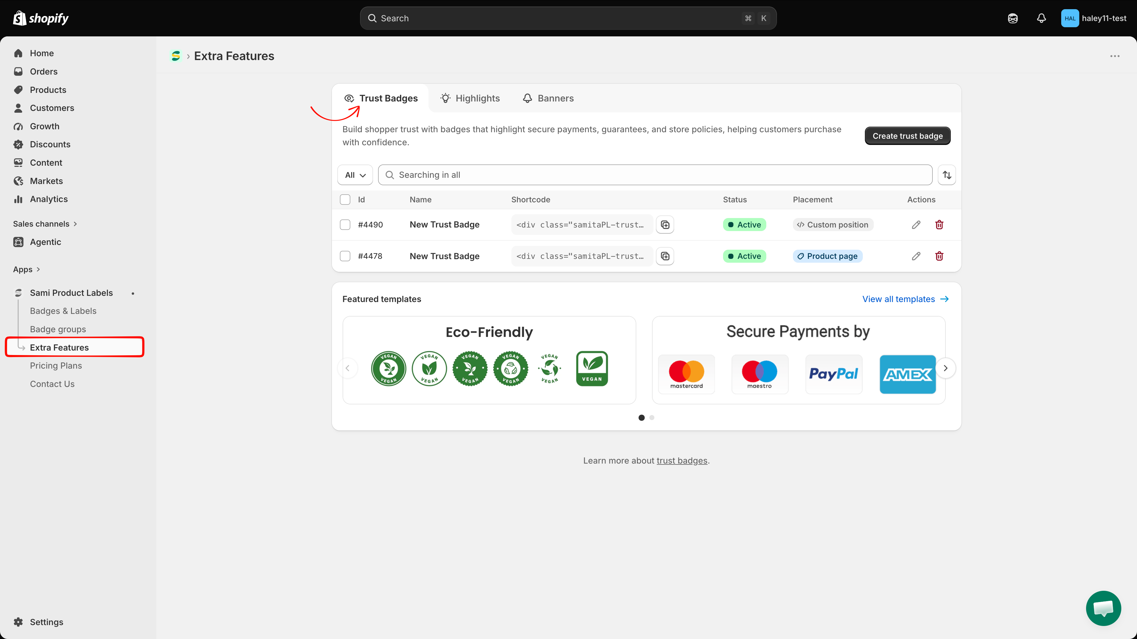 Extra Features page with the Trust Badges tab selected