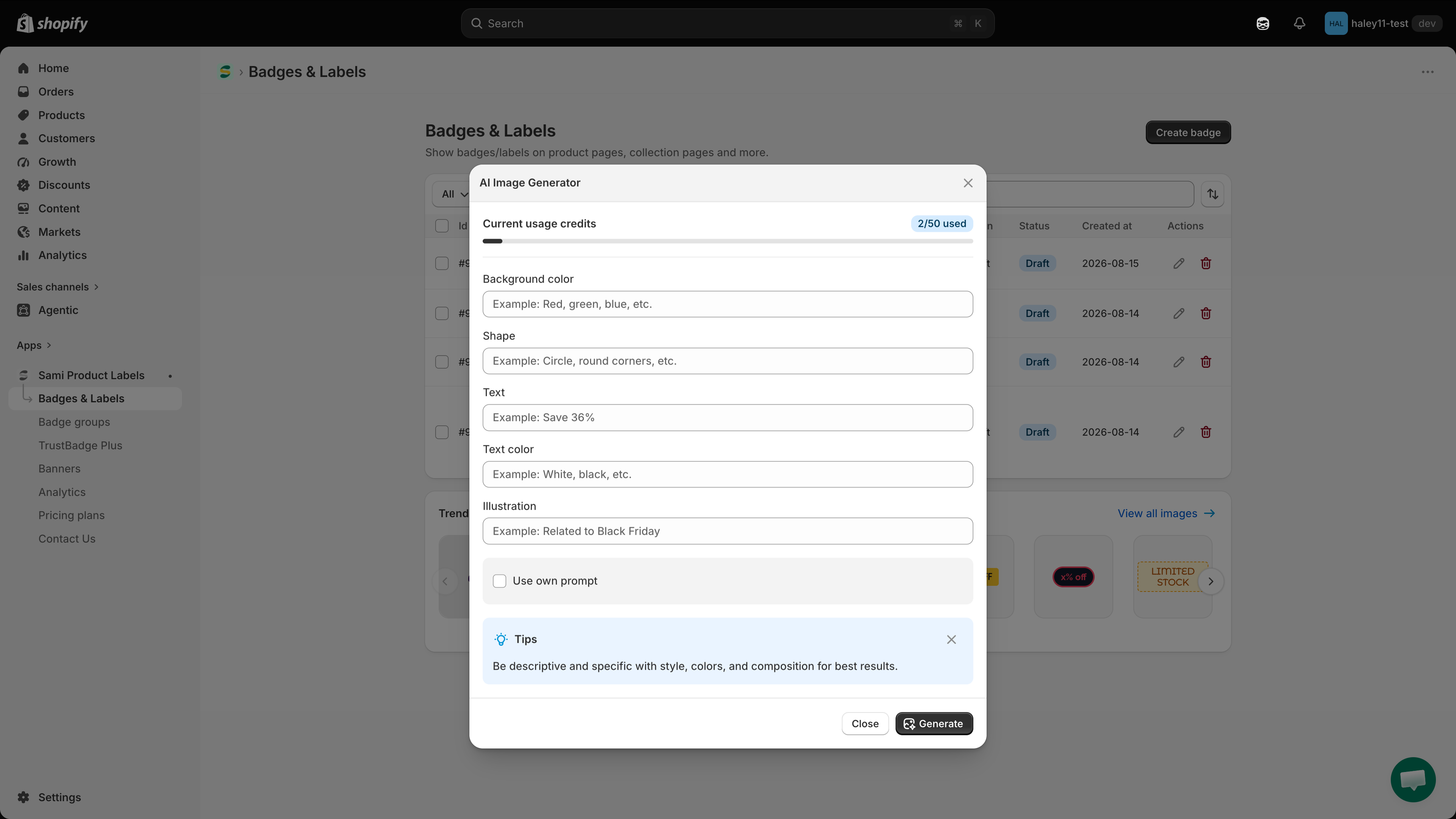 The AI Image Generator dialog with the guided fields and a Generate button