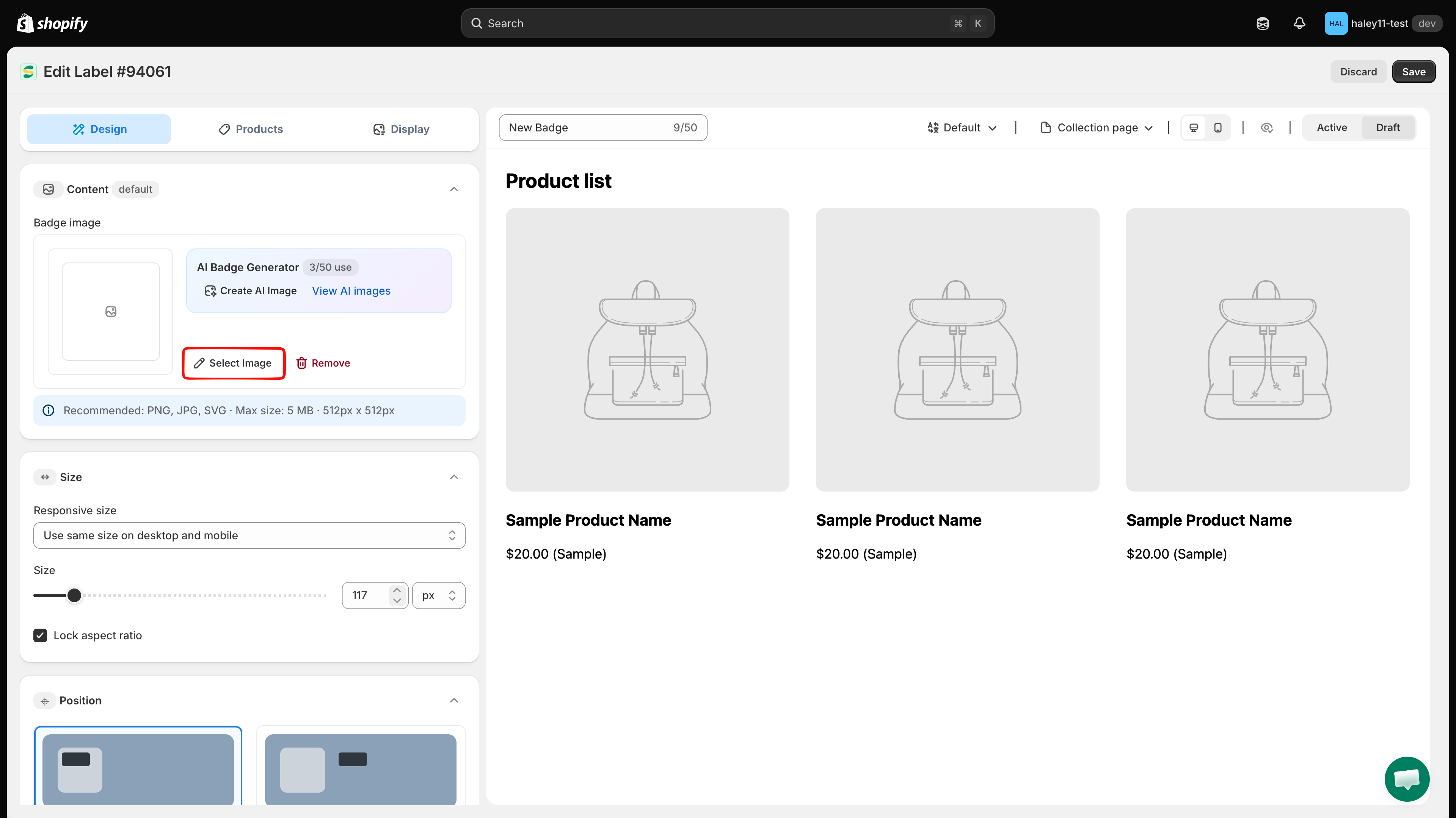 The Content panel with the Change Image link below the badge image