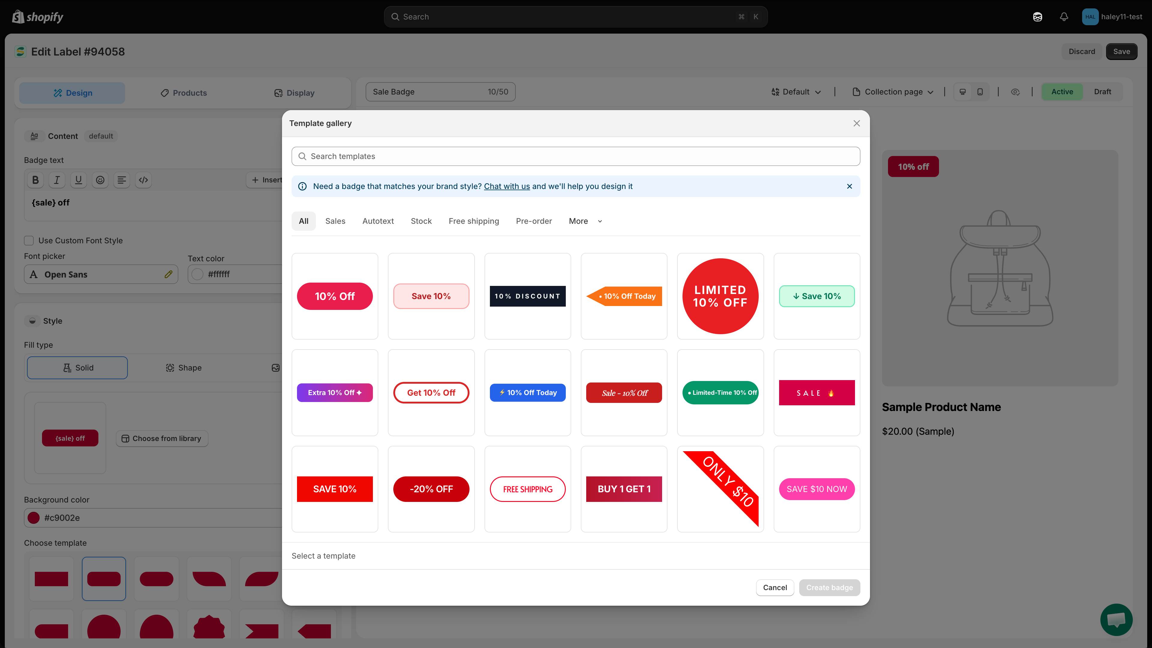 Template gallery with badge template filters