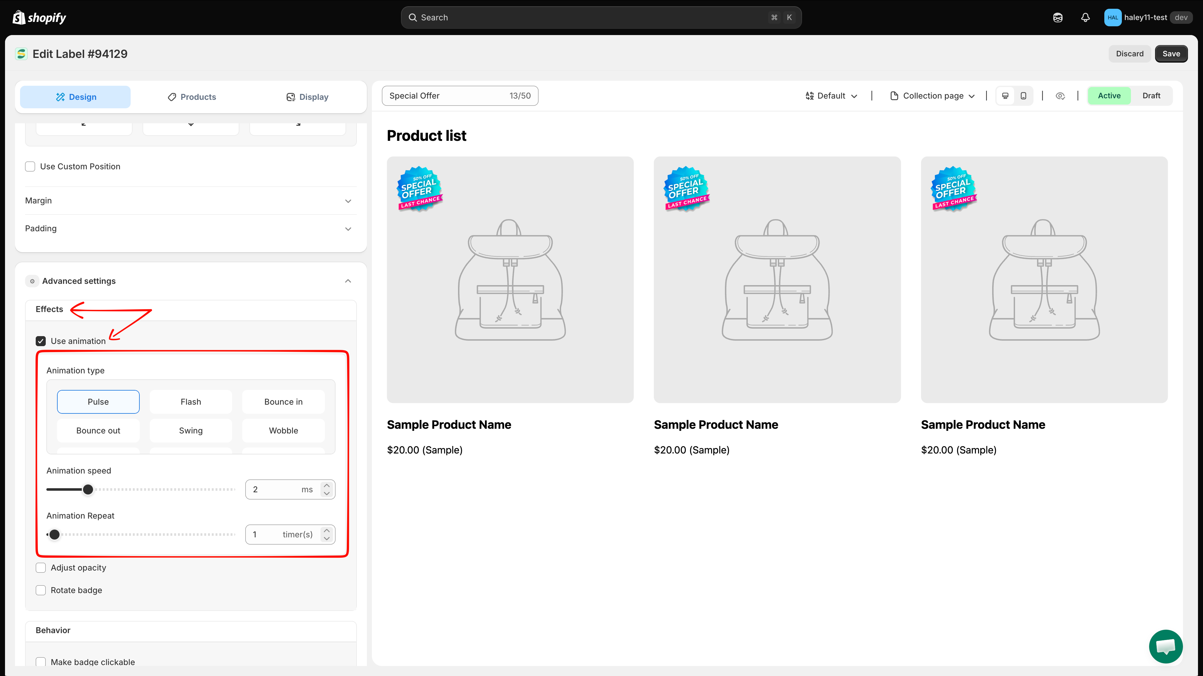Advanced settings section at the bottom of the Design tab