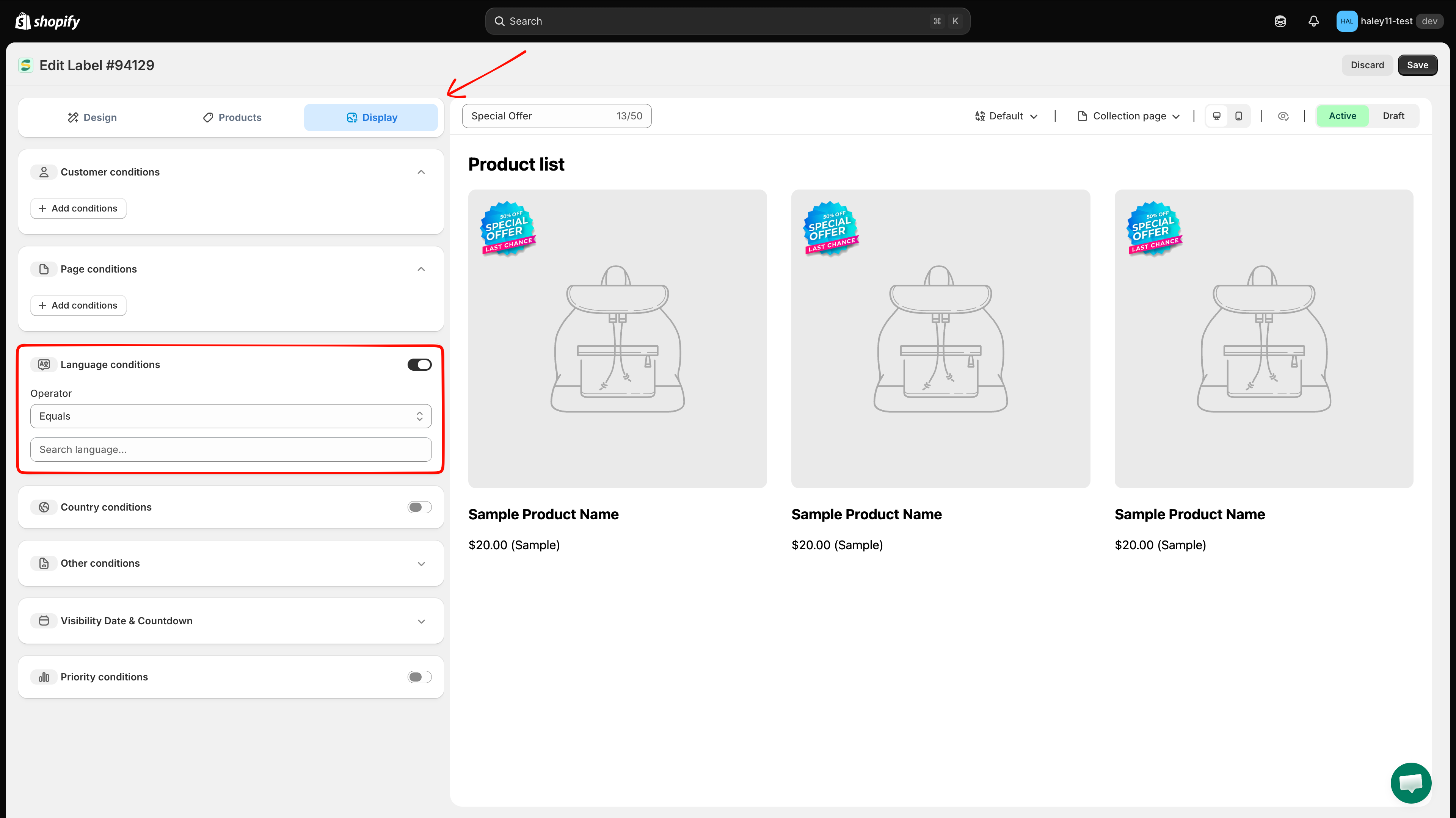 Language conditions toggle switched on