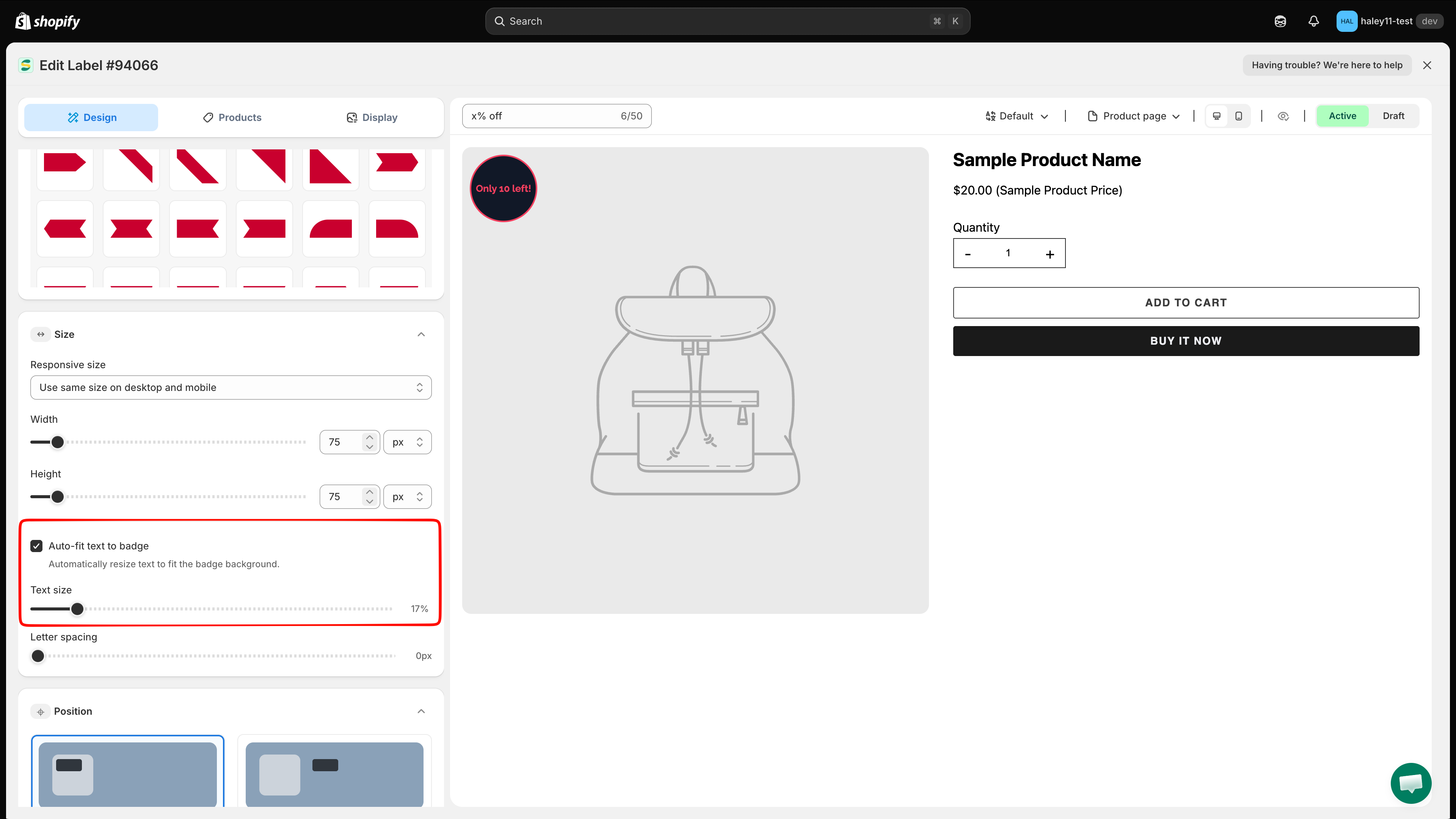 Auto-fit text to badge enabled with percentage-based text size