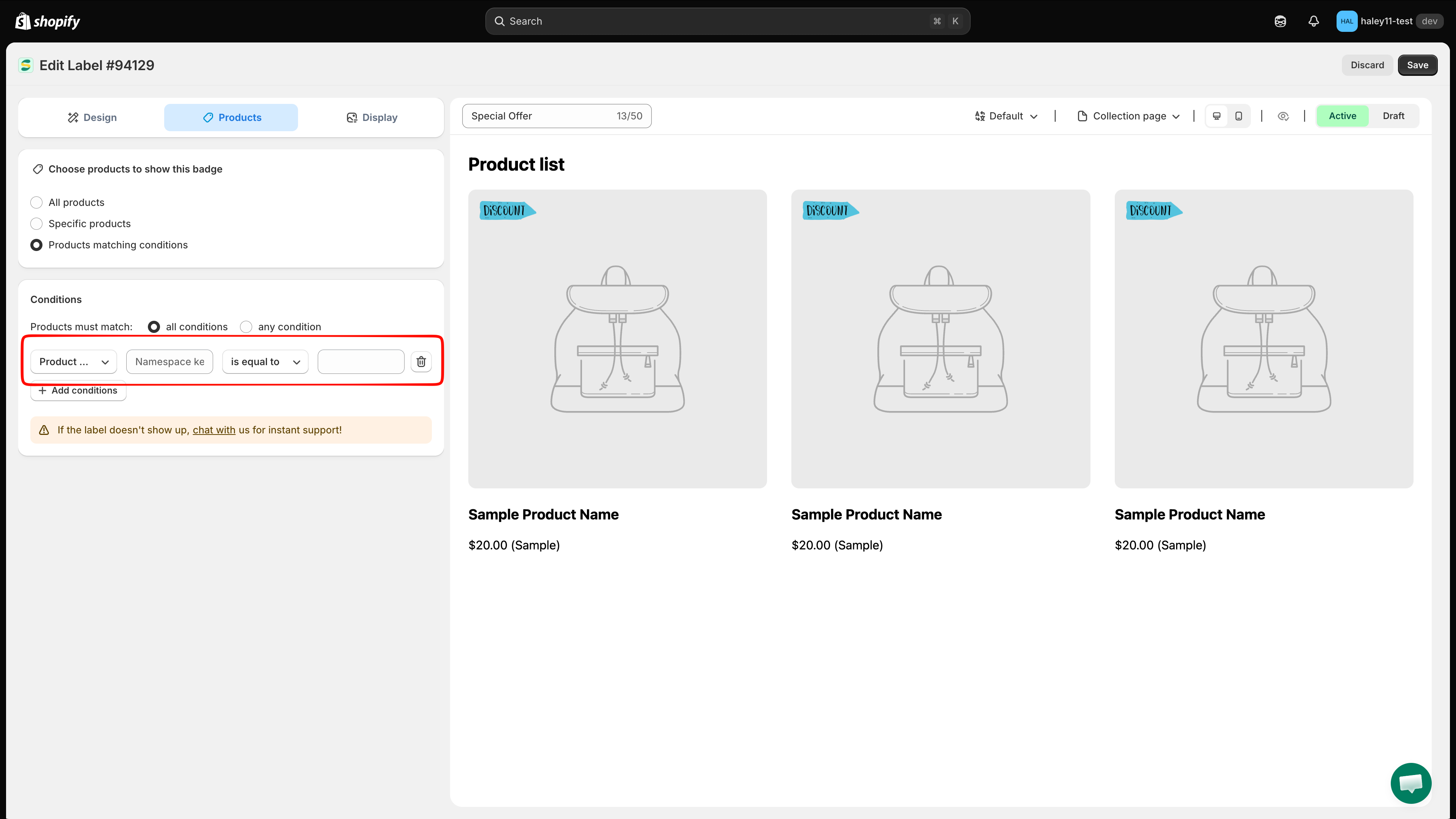 Shopify Settings, Custom data, product metafield definition showing its namespace and key