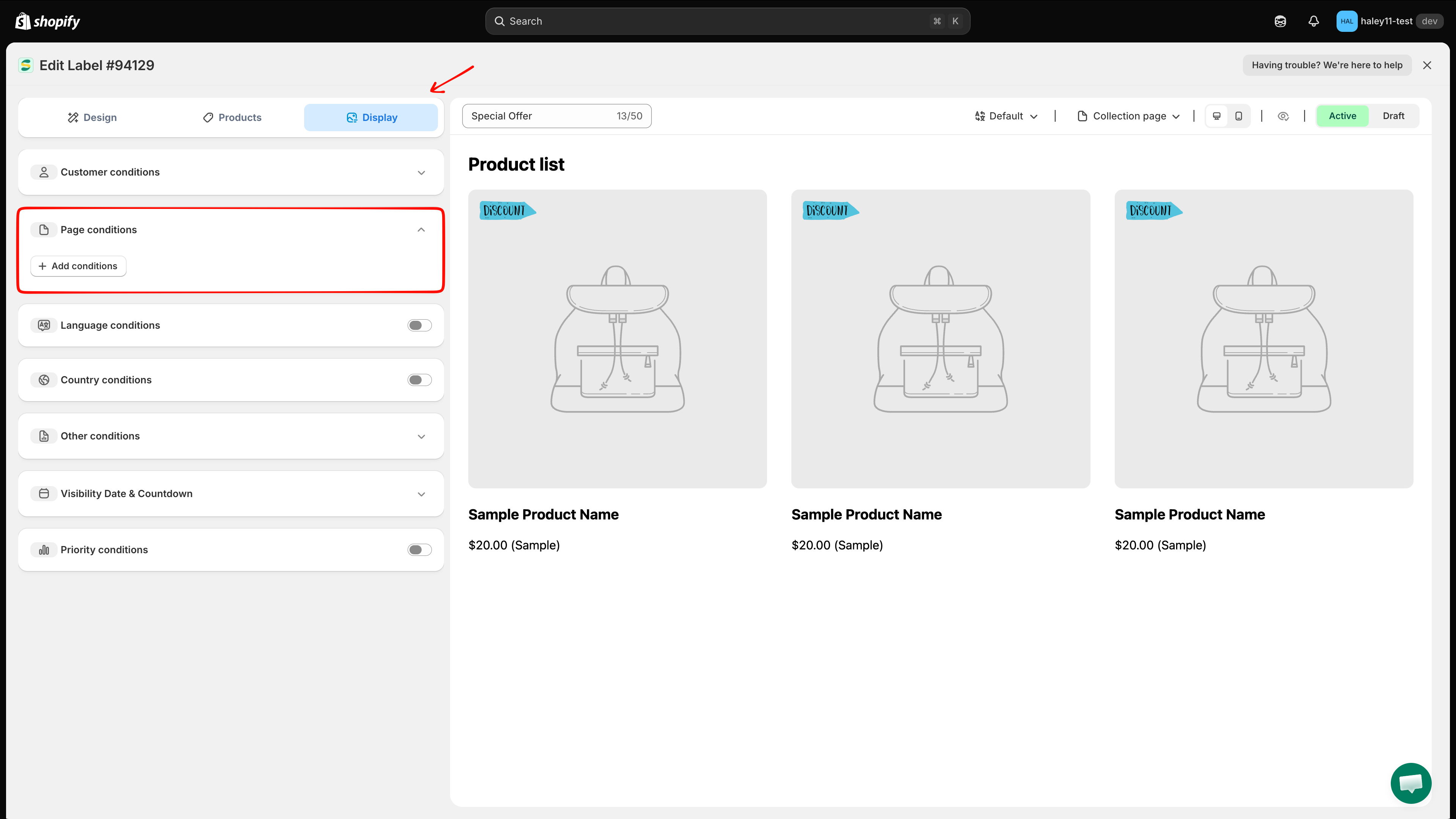 Page conditions section expanded showing the Add conditions button