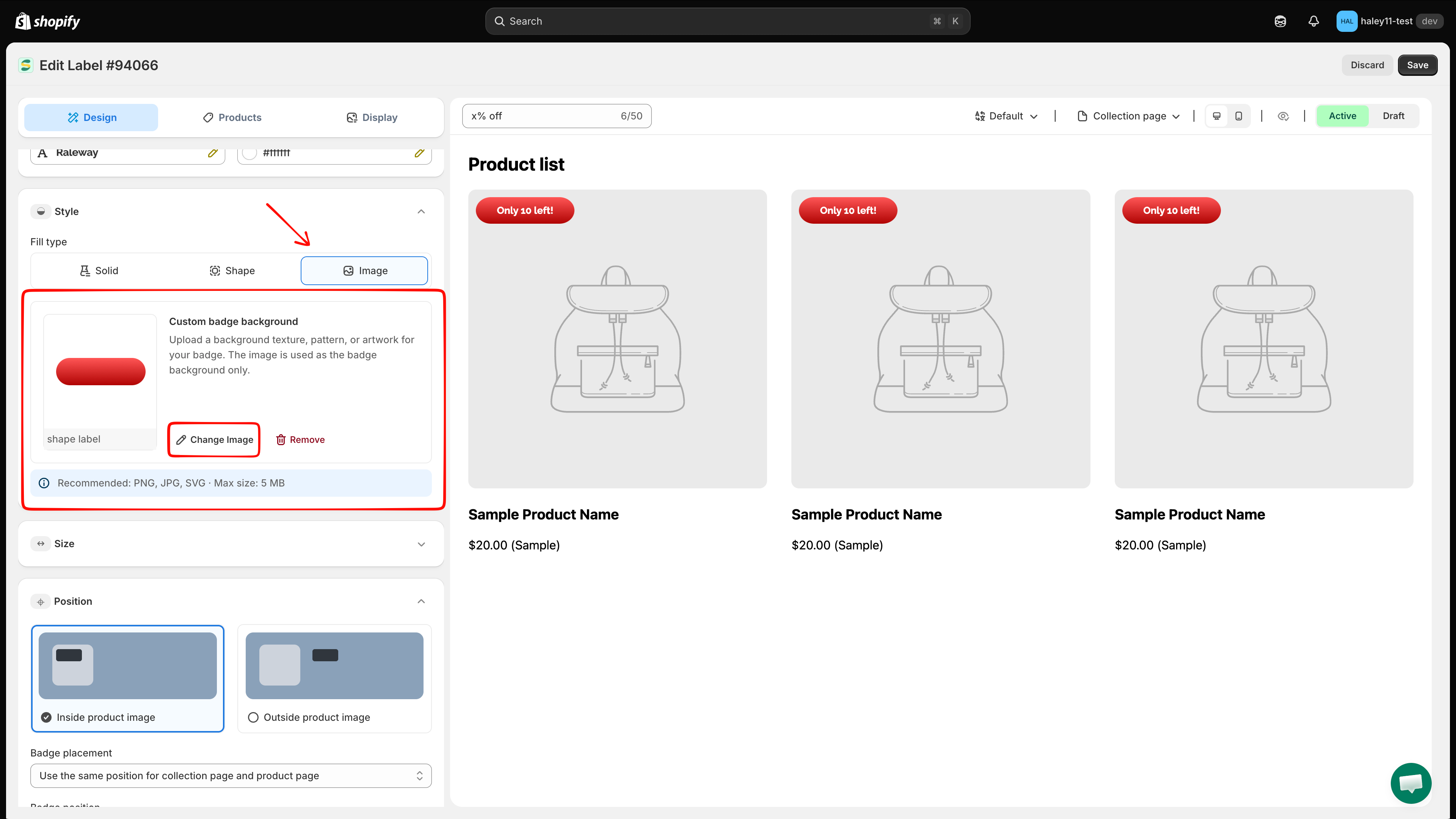 Custom badge background controls with Select Image and Remove buttons