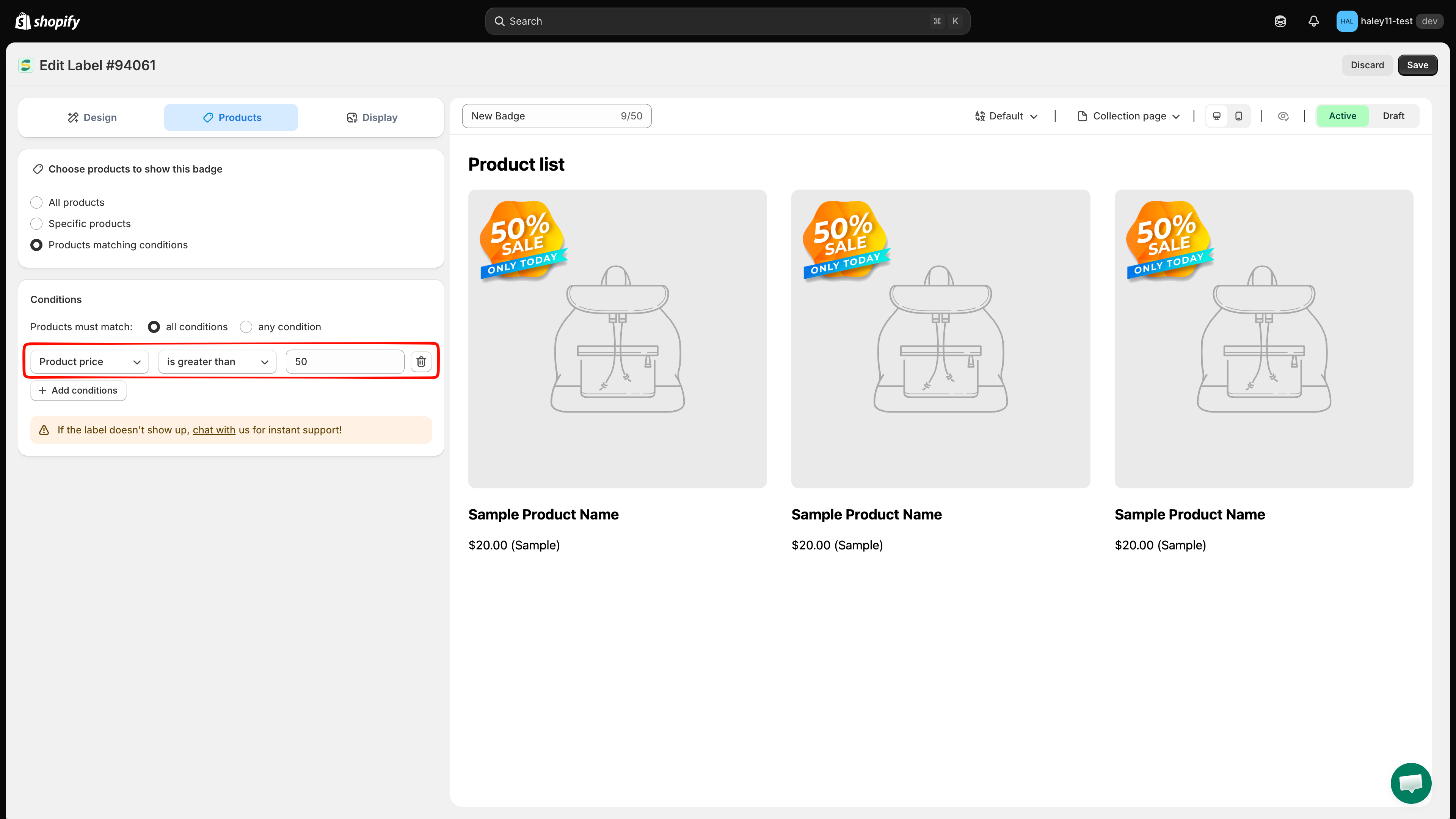 Example condition rule targeting products with price greater than 50