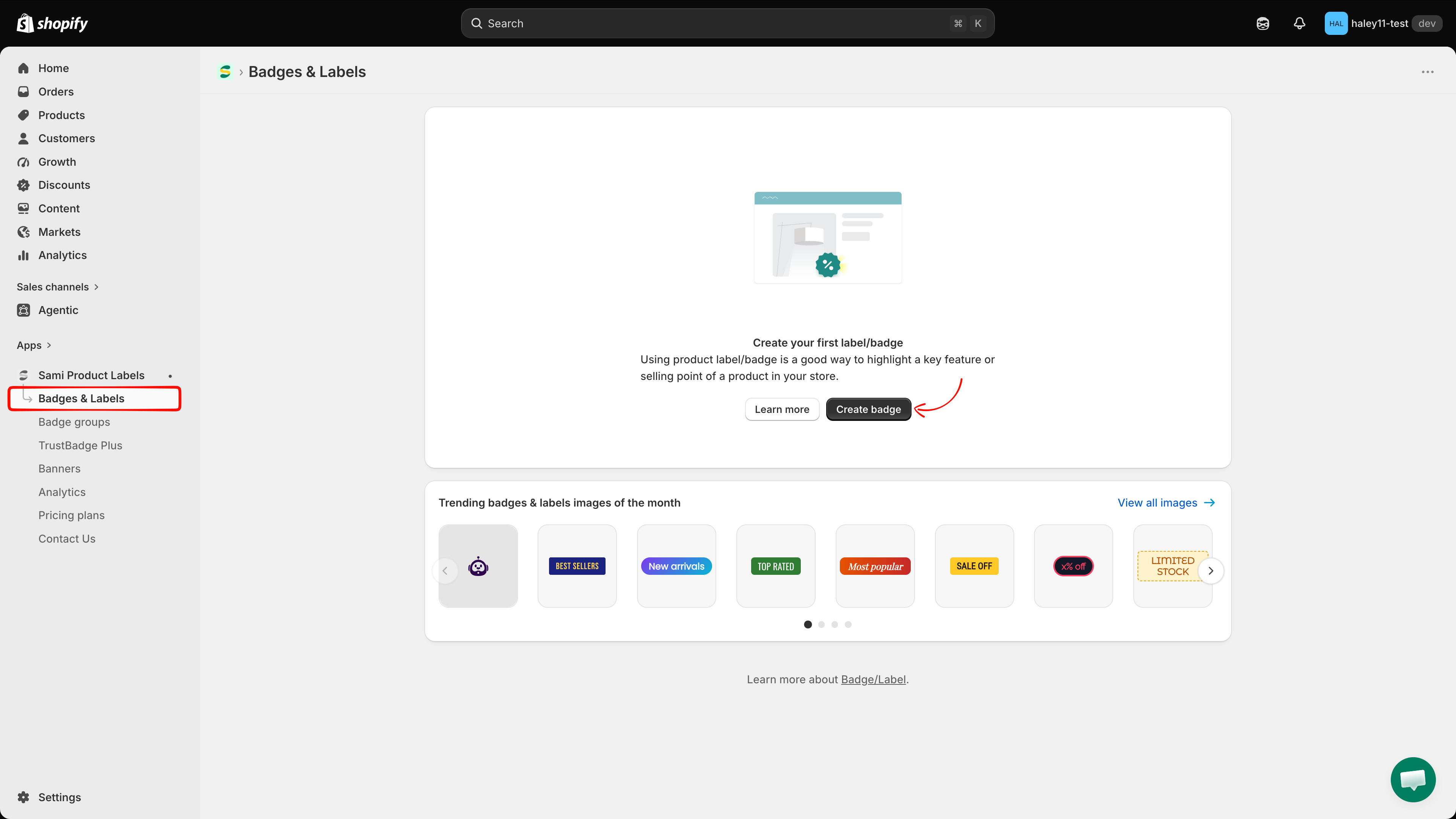 Create button on the badges list page