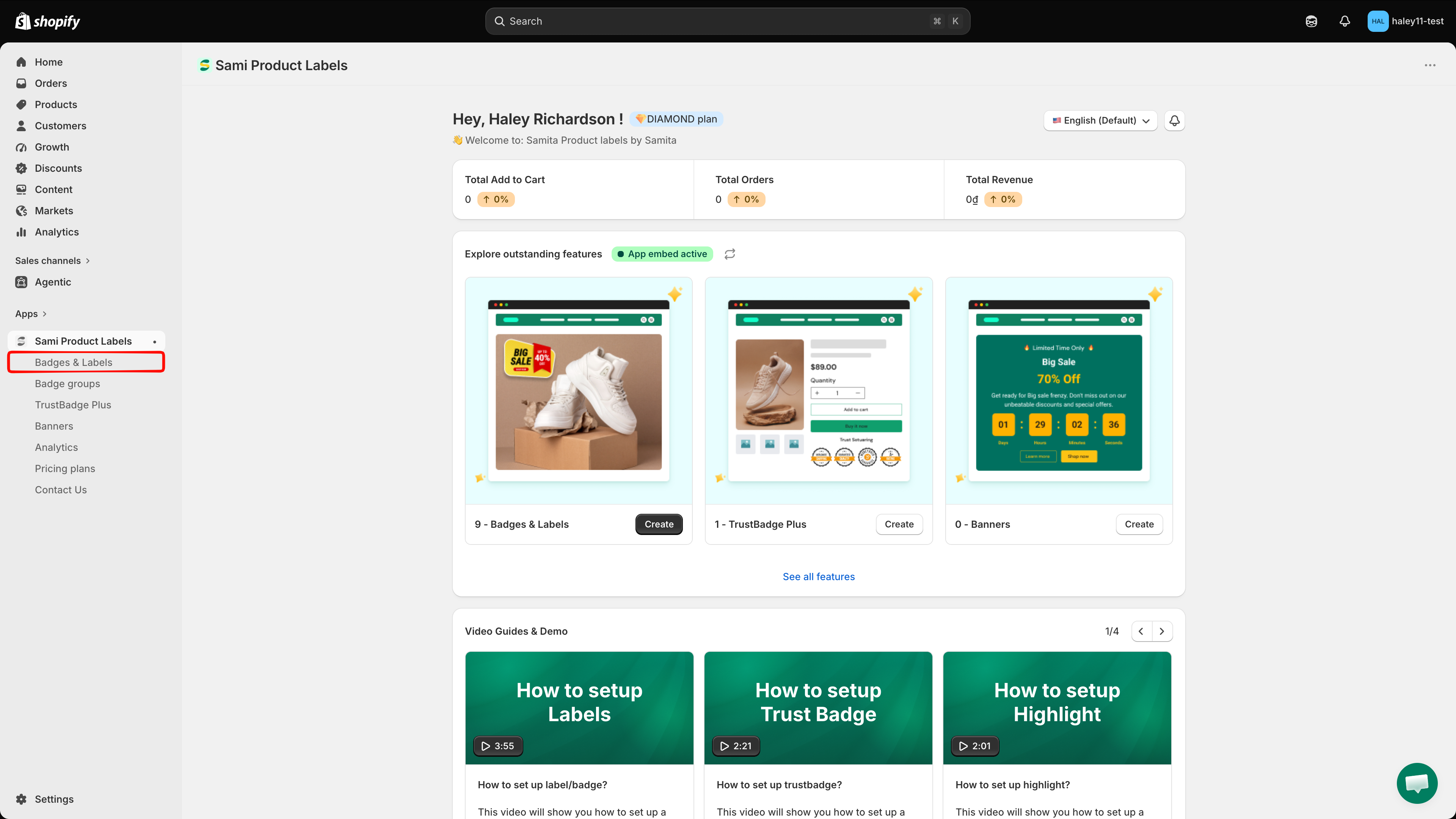 Sidebar with Badges and Labels highlighted